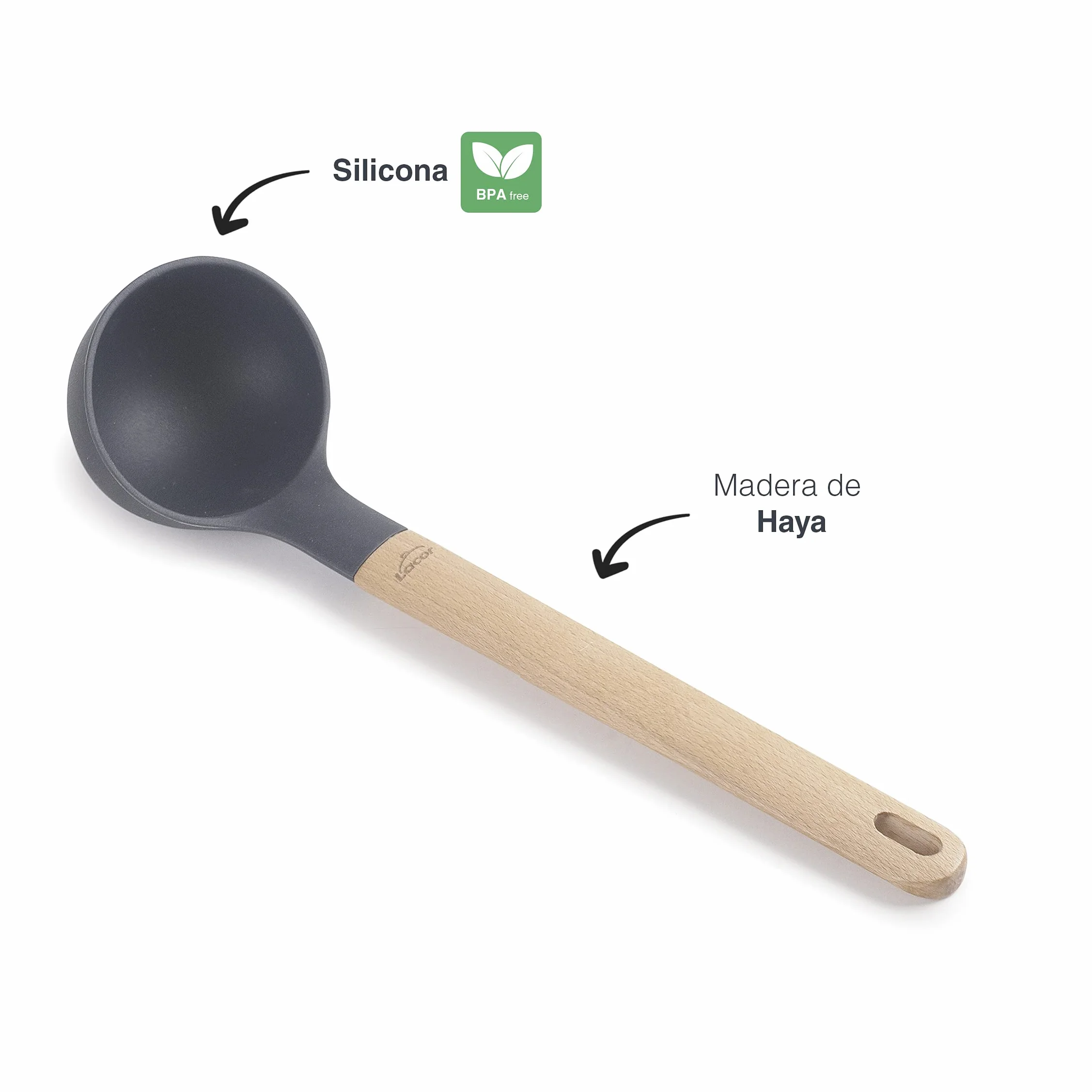 LACOR 68187 - Silikon Unite, Chochla do serwowania, rączka z drewna bukowego, nie szkodzi patelni, odporny na wysokie temperatury, wolny od BPA, Długość: 32,5 cm, Ø9 cm, 130 ml, szary