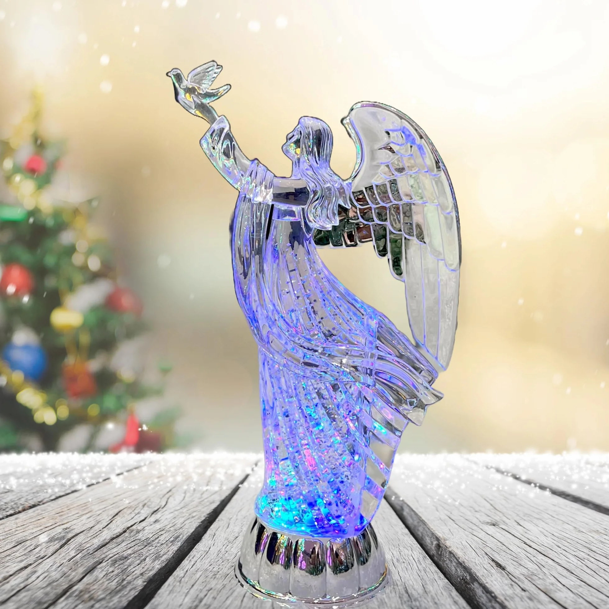 SHATCHI 30 cm LED świecąca figurka anioła – na cieście wirujący brokat obracający się na wodzie kula śnieżna - akrylowa ozdoba na stół Boże Narodzenie dekoracje do domu, powierzchnia boczna