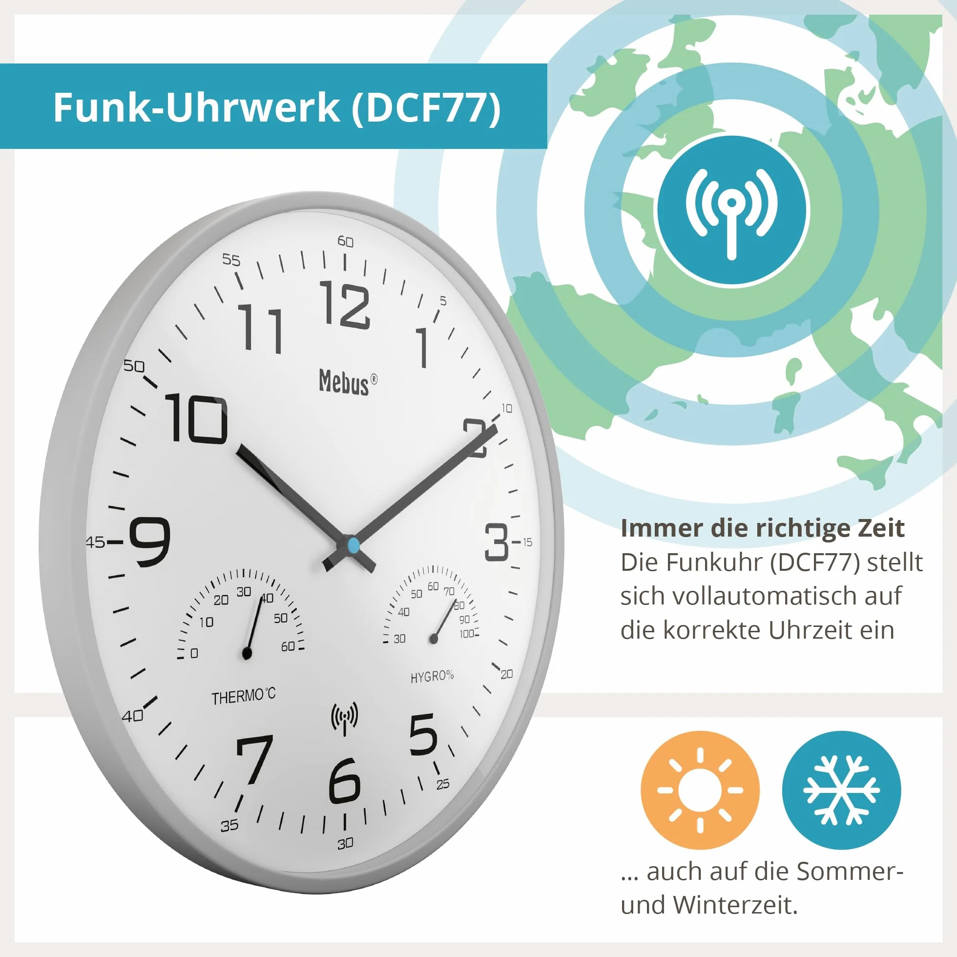 Mebus Nowoczesny radiowy zegar ścienny 30 cm z temperaturą i wilgotnością szary 52842