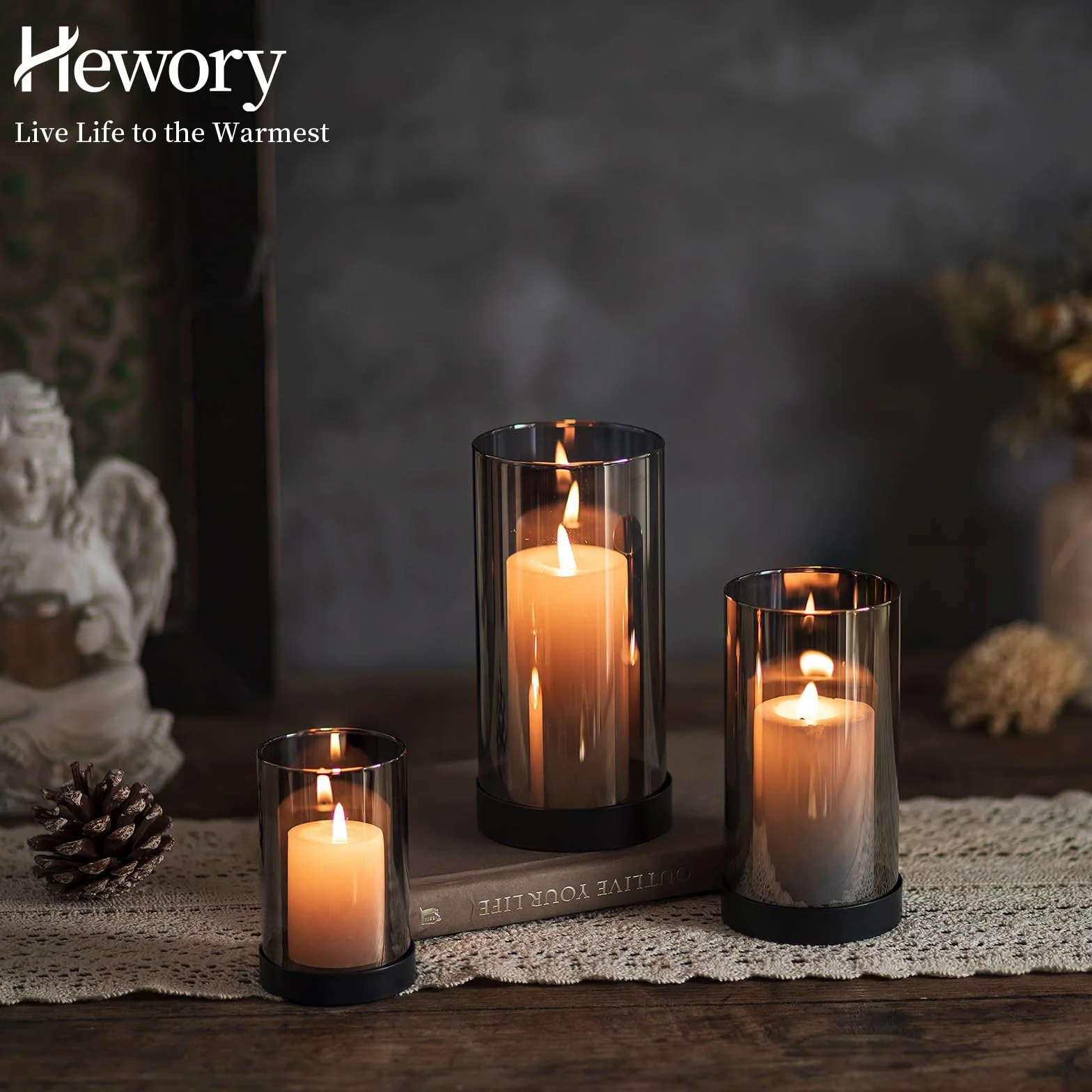 Hewory Szklany Świecznik Zestaw 6 Szt. Czarny Cylindryczny Lampion na Świece Dekoracja