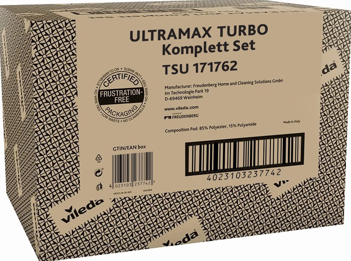 Vileda Zestaw mop płaski i wiadro z systemem wyciskania Ultramax Turbo, Eko opakowanie