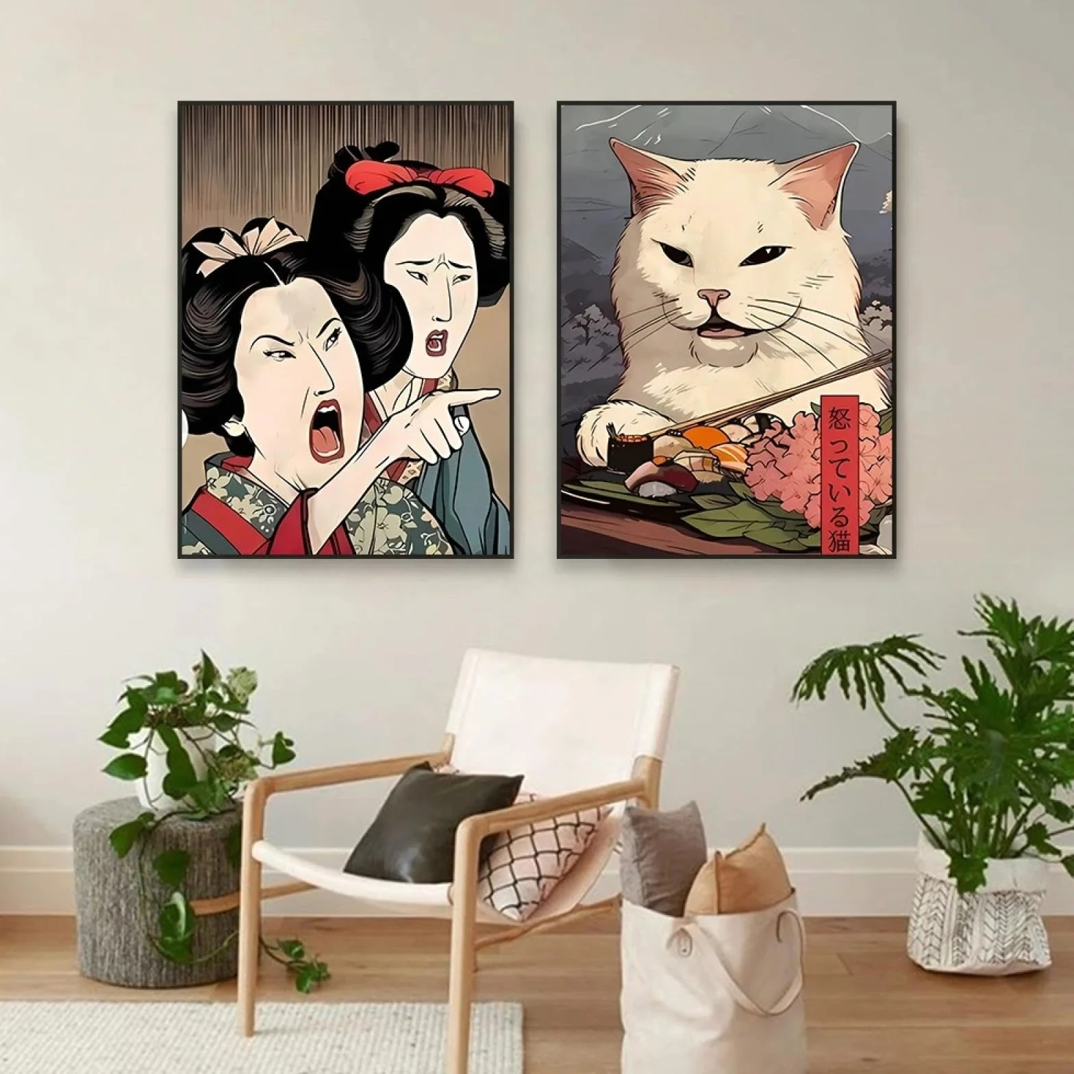 CHAOJIART Zabawny japoński kot sushi plakat sztuka ścienna 40x60 cm x 2