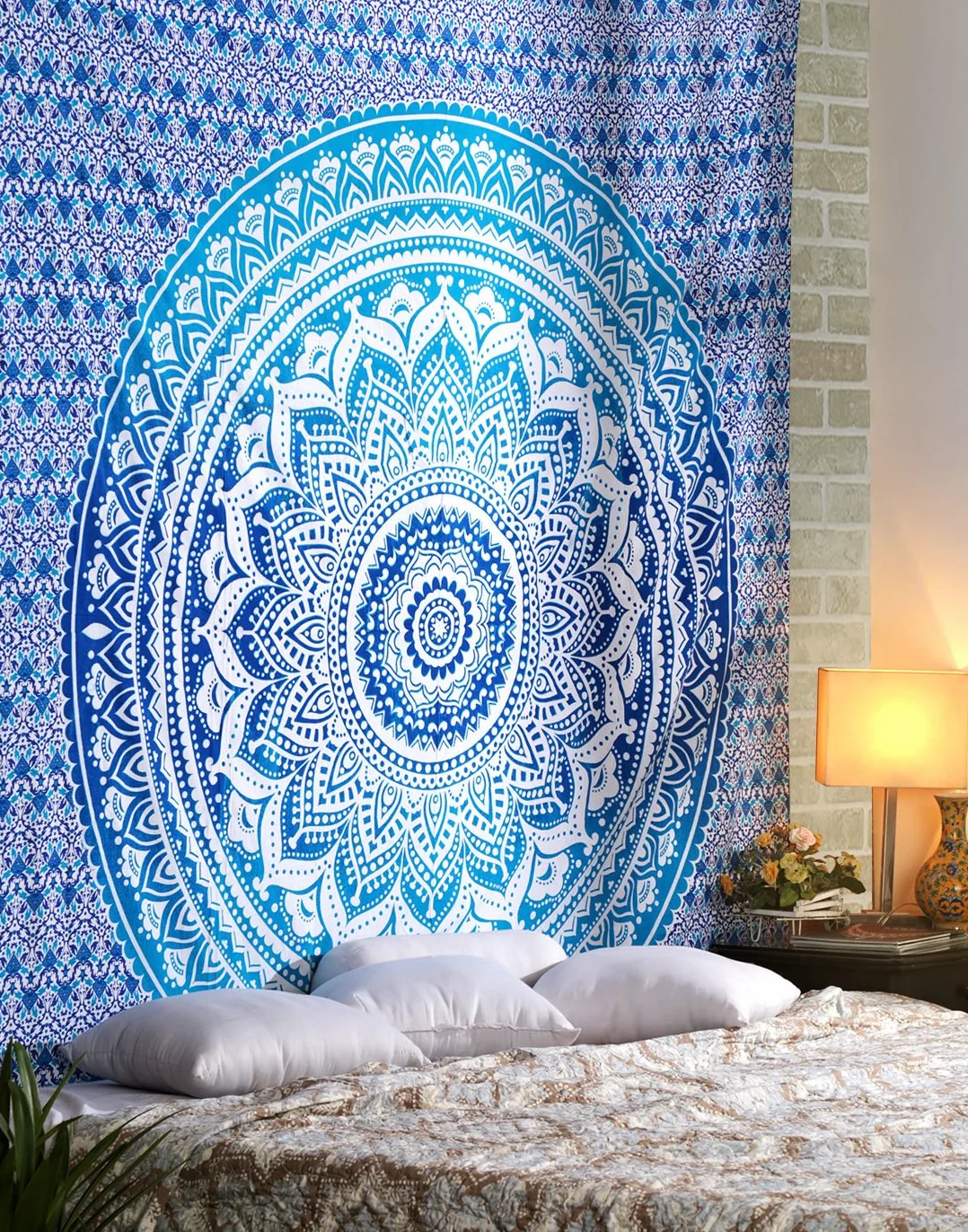 Dywan ścienny, mandala, niebieski, 228 x 213 cm – hipisowski ombre, dekoracyjny, duża ozdoba na ścianę, dywan na ścianę w stylu indyjskim, boho, Goa, makata ścienna do salonu, sypialni, dywan ścienny
