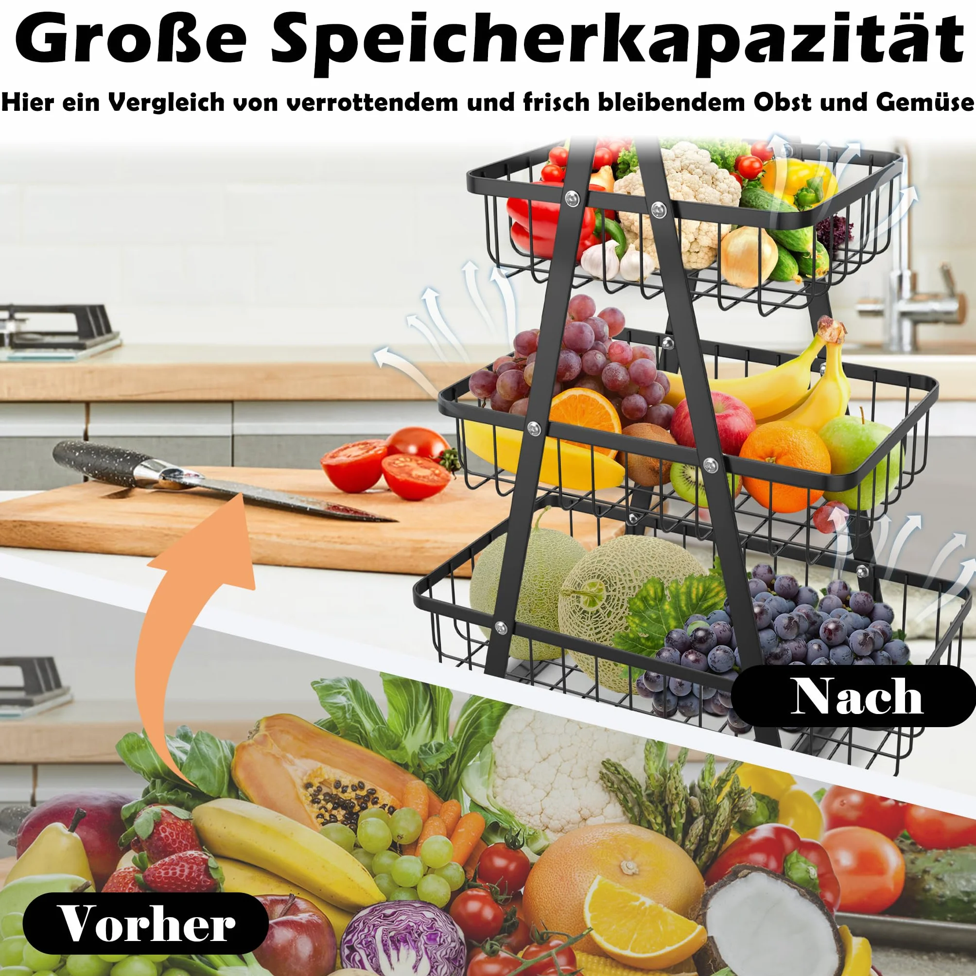 UISEBRT Etażerka na owoce, 3-poziomowy, metalowy kosz na owoce, zdejmowany uchwyt na owoce, z drewnianym uchwytem, kosz na pieczywo, warzywa, chleb, przekąski, czarny