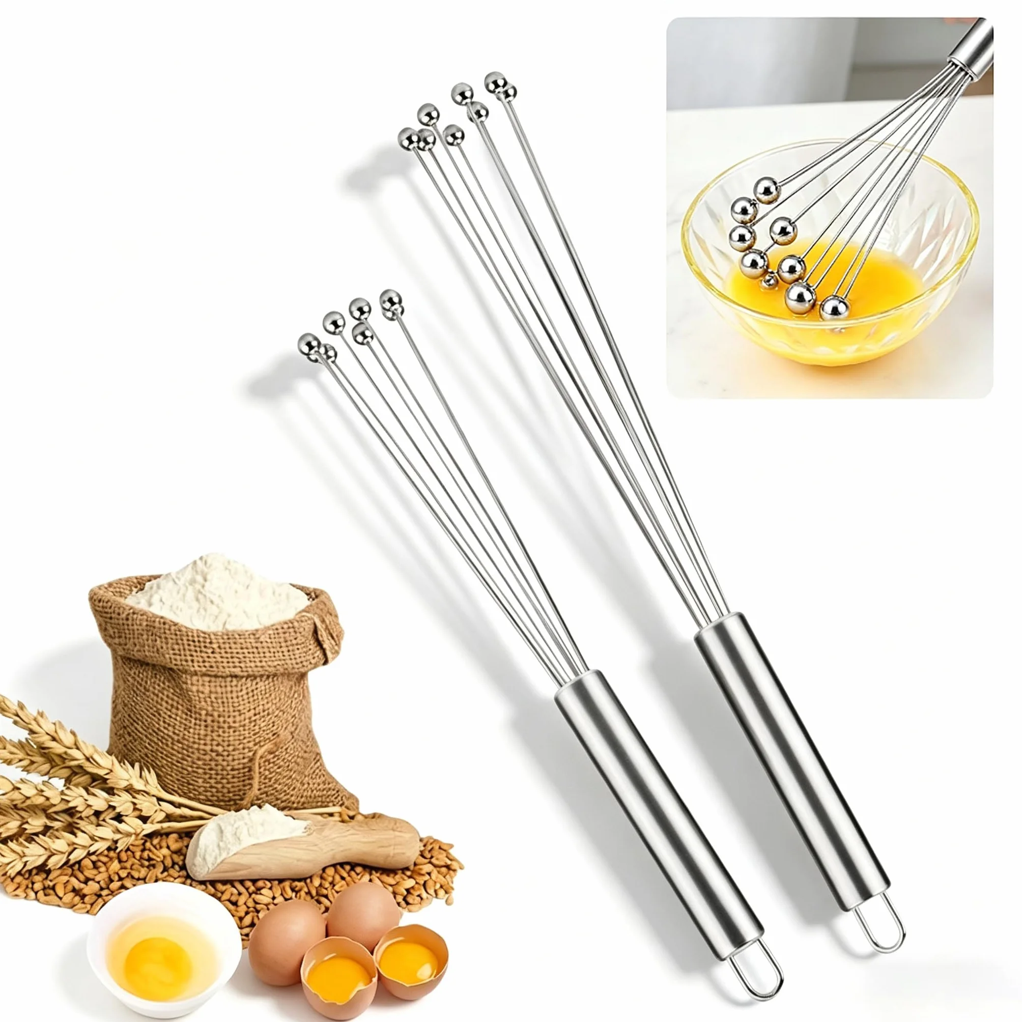 Zestaw trzepaczek kulkowych ze stali nierdzewnej 304 – 35 cm i 30,5 cm trzepaczka do jajek, ręczna trzepaczka do jajek, mikser do szybkiego ubijania śmietany, sosów, mieszania, mieszania, 2 szt