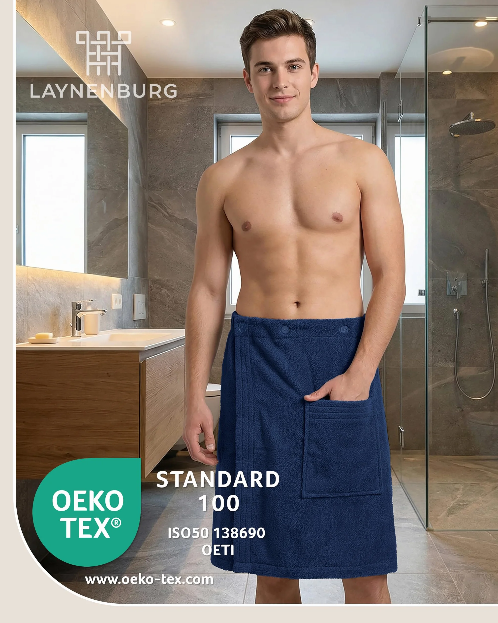 LAYNENBURG Męski kilt do sauny premium z zapięciem na guziki – 100% bawełna – Öko-Tex 100 – męski ręcznik do sauny – frotte, gumowy ściągacz do wellness, spa i sauny (M-XL ciemnoniebieski)