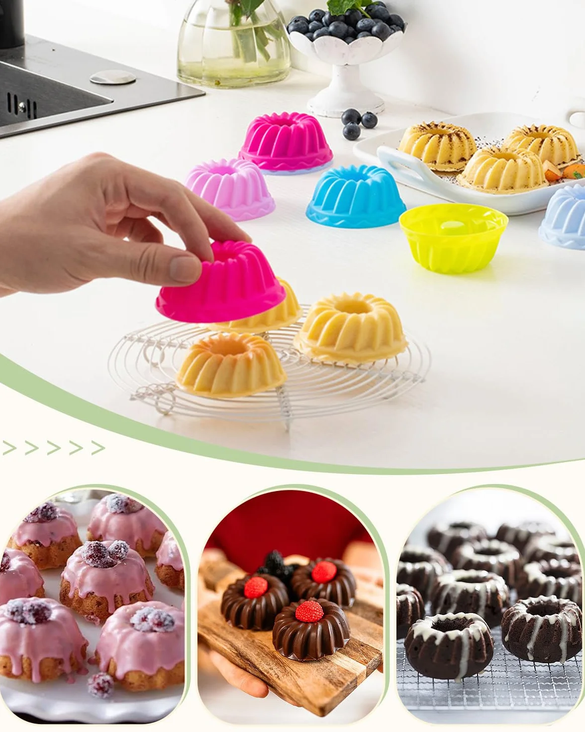 Zestaw 12 mini silikonowych foremek do kouglofa wielokrotnego użytku do muffinów, cupcake’ów, babeczek i mini kouglofów, Ø 8 cm, wysokość 5 cm