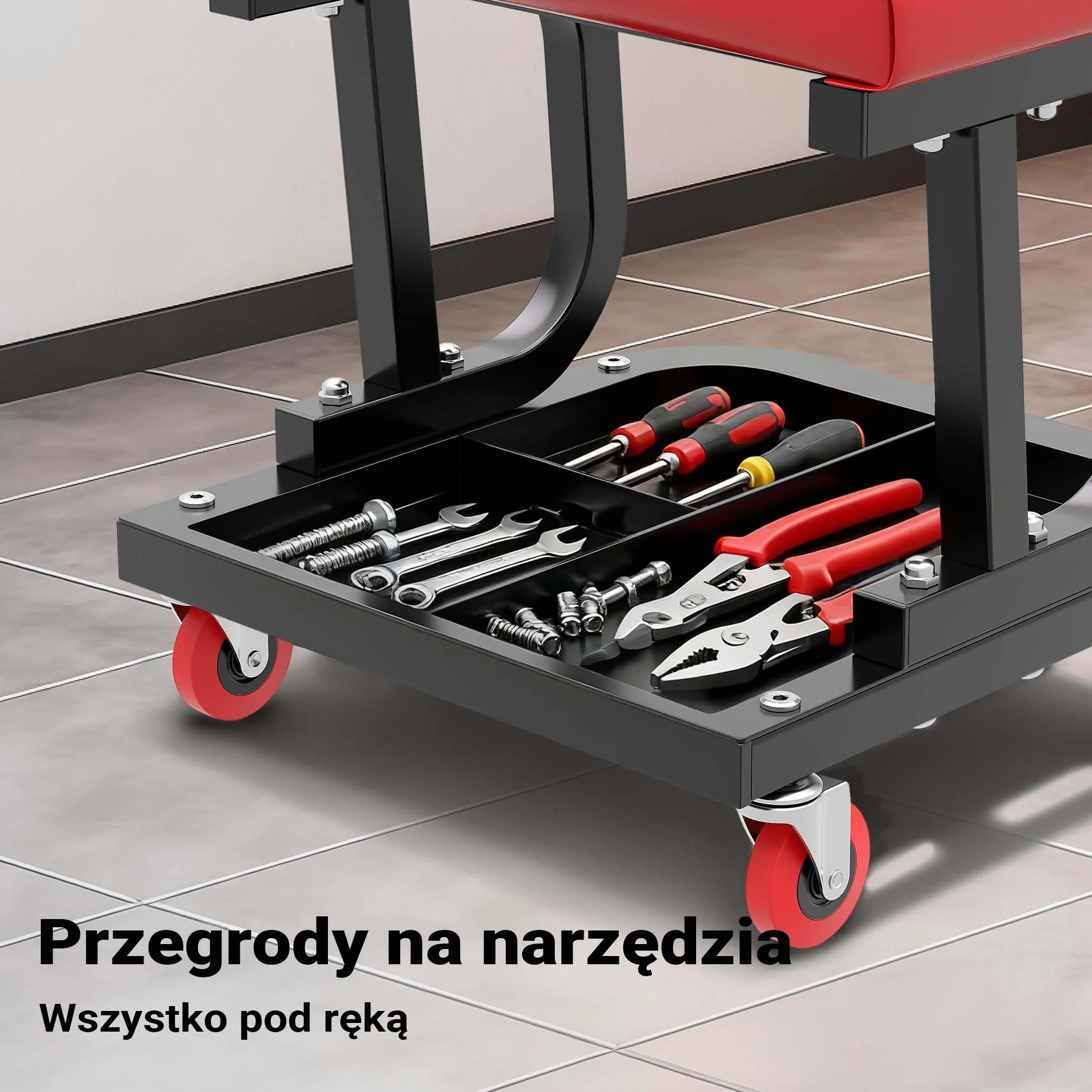 Wiltec Taboret warsztatowy na kółkach z półką i obrotowym siedziskiem do 150 kg, mobilny stołek roboczy, krzesło warsztatowe do garażu z półką
