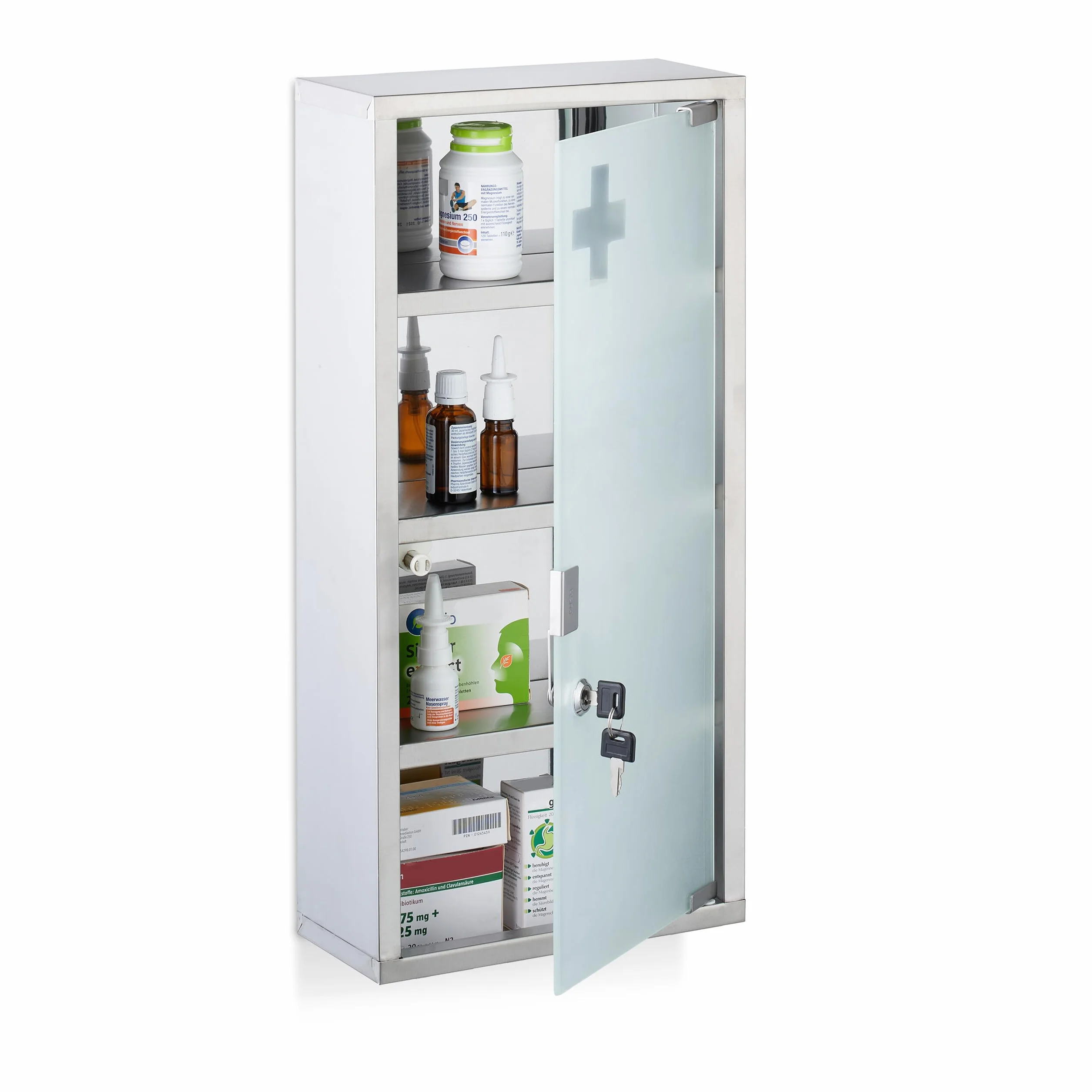 Relaxdays Szafka na lekarstwa, 4 przegródki, wys. x gł.: 57 x 27 x 12 cm, zamykana szafka na leki, stal nierdzewna, szklane drzwi, srebrna
