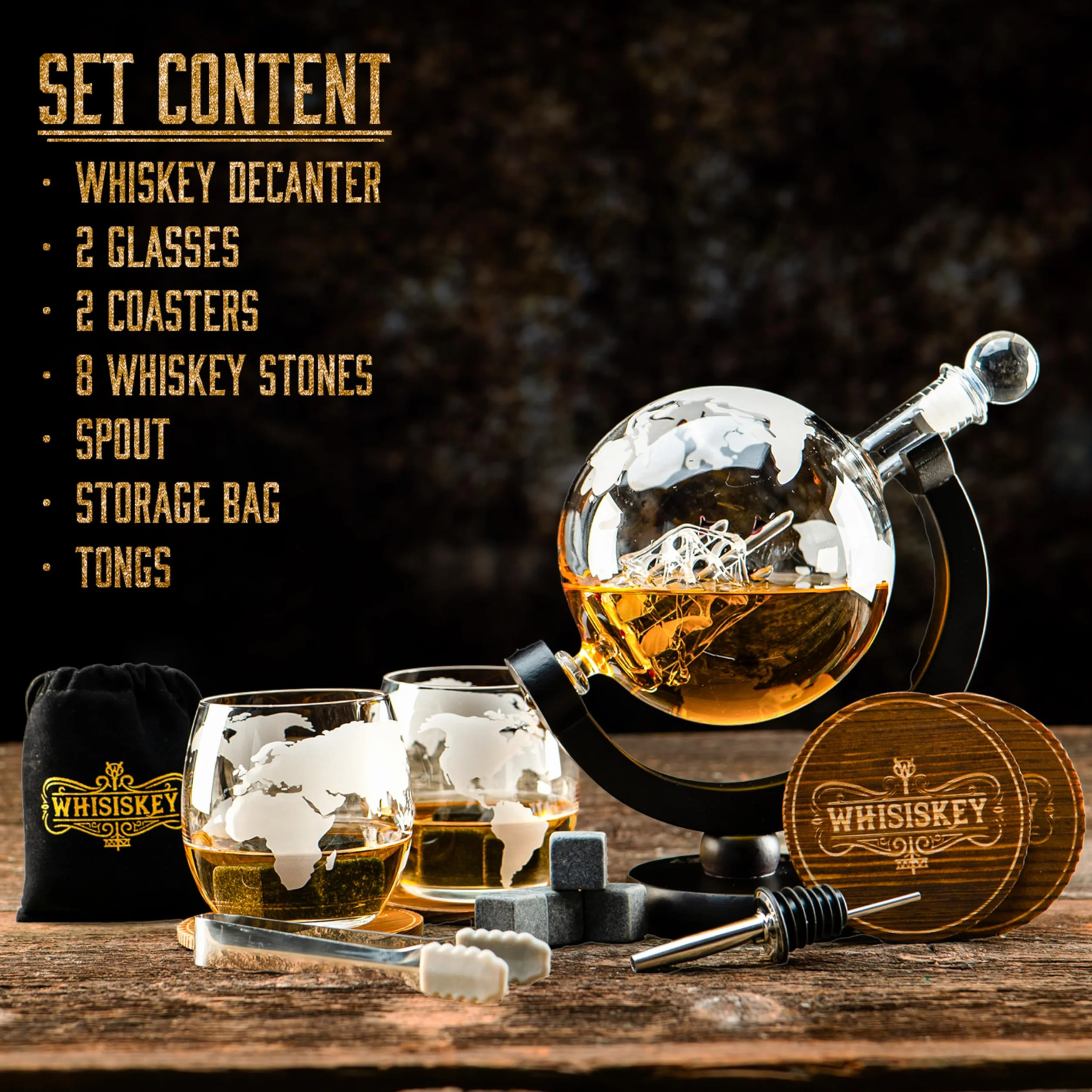 WHISISKEY Zestaw Karafka do Whisky 900ML 2 Szklanki 8 Kamieni Prezentowy