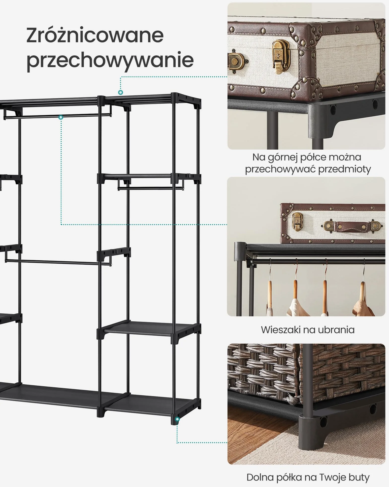 SONGMICS Szafa otwarta, wieszak na ubrania, drążek na ubrania, szafa, 43 x 151 x 166 cm, 4 przedziały na wieszaki, dużo miejsca, do sypialni, salonu, czarny RYG036B02