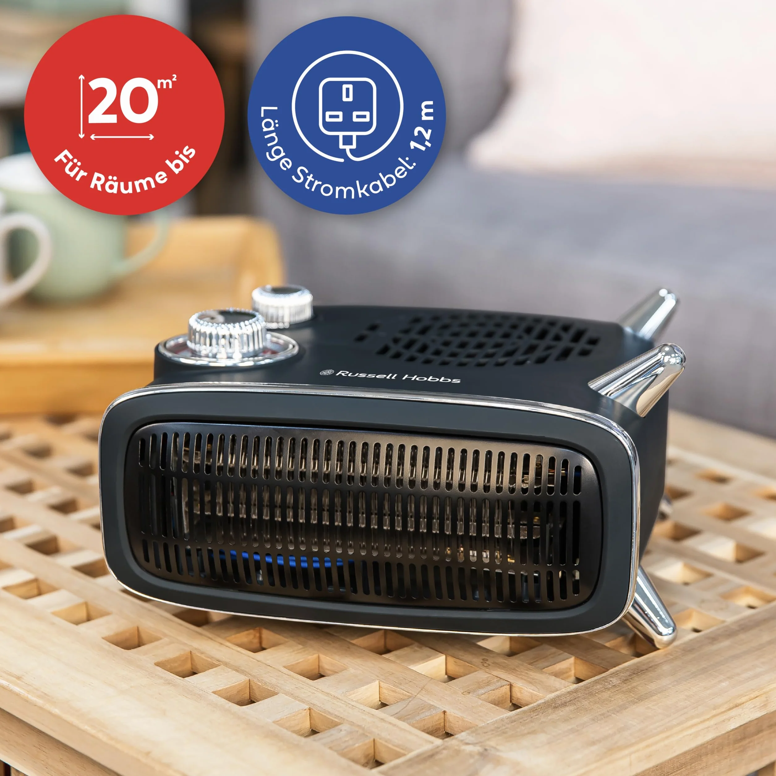 Russell Hobbs RHRETHFH1001B Grzejnik elektryczny 1800 W / 1,8 kW, retro wentylator poziomy/pionowy, z regulowanym termostatem, 2 ustawienia temperatury, 20 m2, sterowanie tarczą, czarny