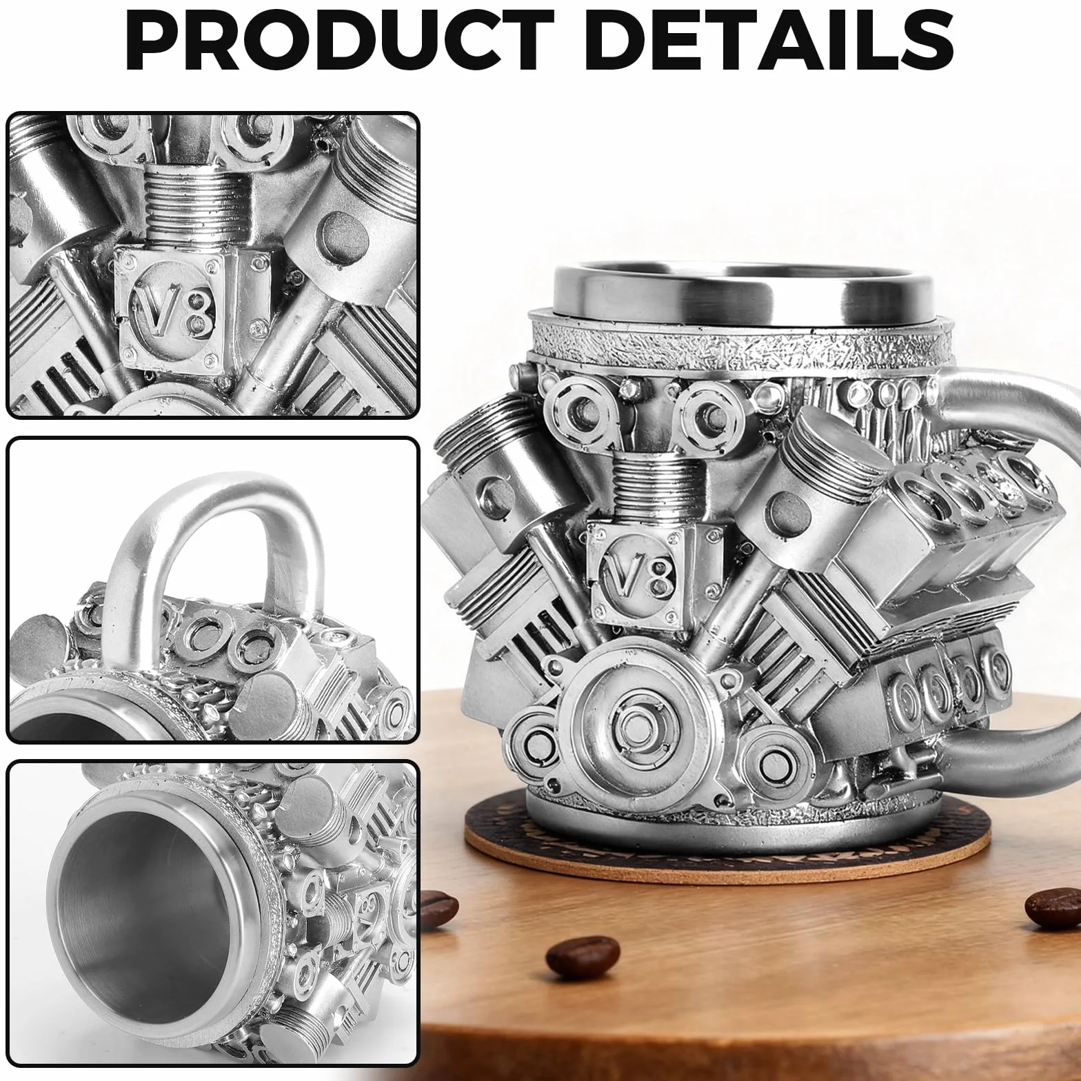V8 kubek ze stali nierdzewnej, kreatywny mechanik, prezent z kubkiem V8, kubek na silnik i kubek samochodowy, pomysł na prezent dla mężczyzn, kubek warsztatowy dla miłośników samochodów, 250 ml