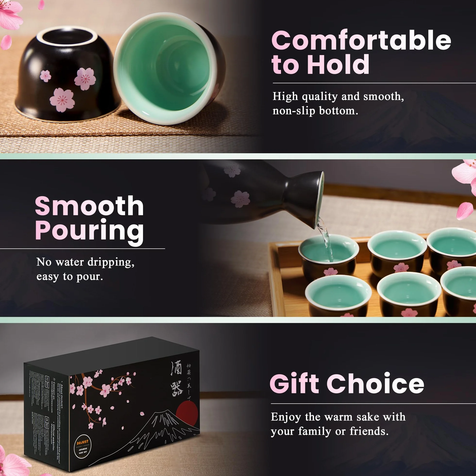 DUJUST 10-częściowy zestaw japońskich sake porcelanowy Sakura Fuji czarny