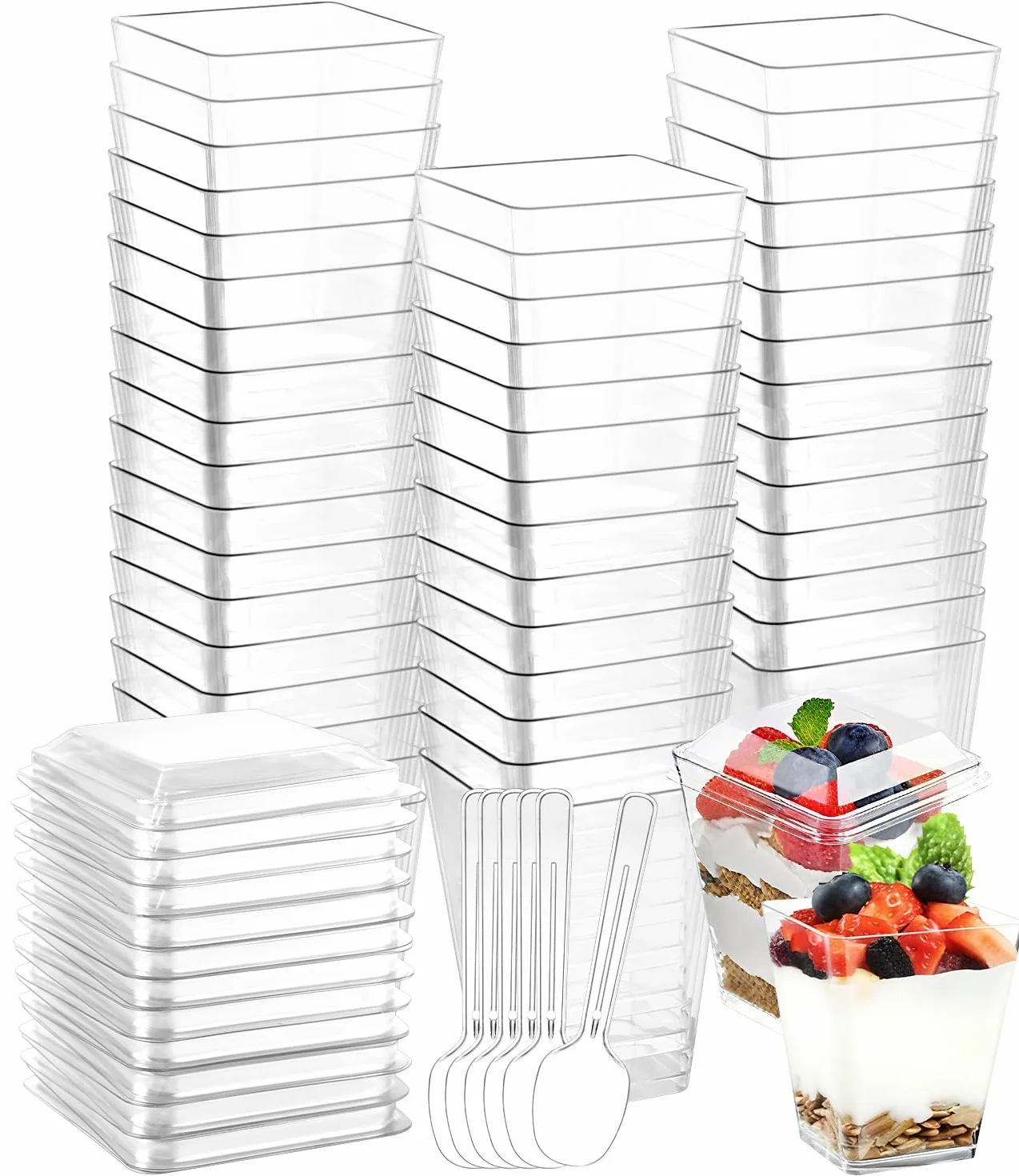 50 sztuk deserowych plastikowych szklanek, 160 ml kubków do deserów z pokrywkami i łyżeczkami, 50 sztuk wielokrotnego użytku do domowych deserów, budyń, mus, lody, przyjęcia