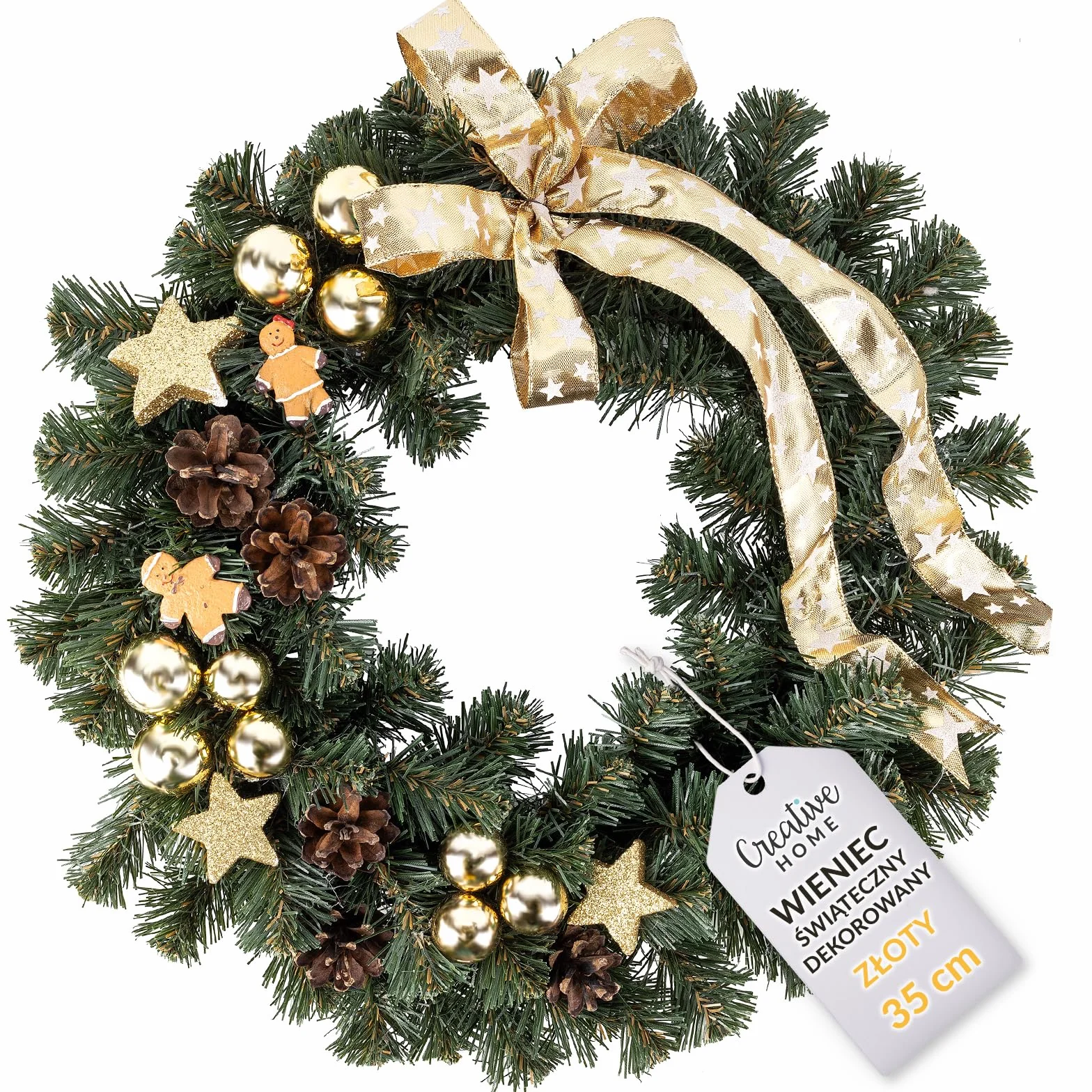 Creative Home Sztuczny Świąteczny Wieniec Bożonarodzeniowy Złoty 35 cm Dekoracja na Drzwi