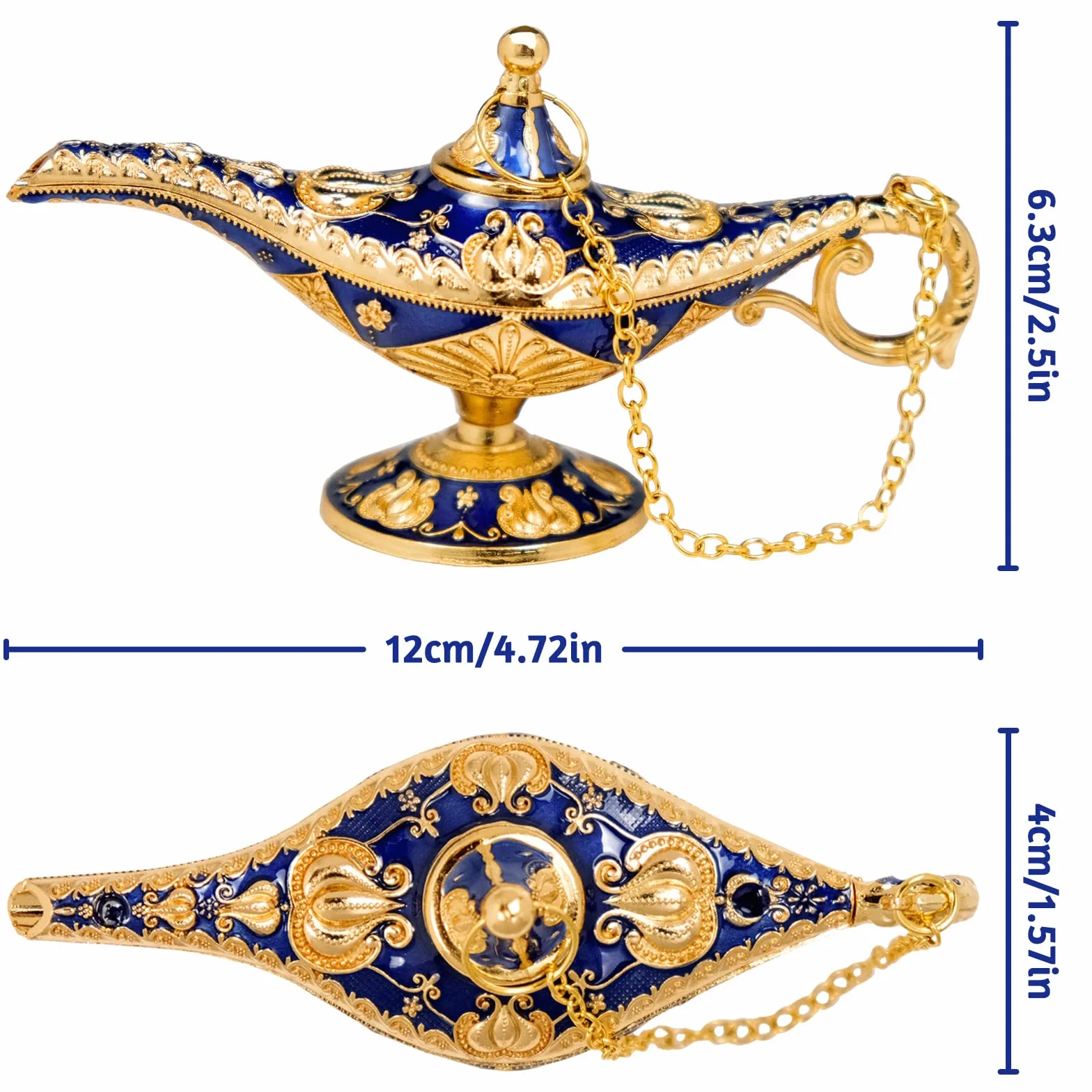 Genie Aladdin Mini Cudowna Lampa - Rzeźbiona Złota Dekoracja, Klasyczny Artykuł Dekoracyjny, Olejowa Lampa Genyjna - Złoty Błękit, 12 x 4 x 6,3 cm