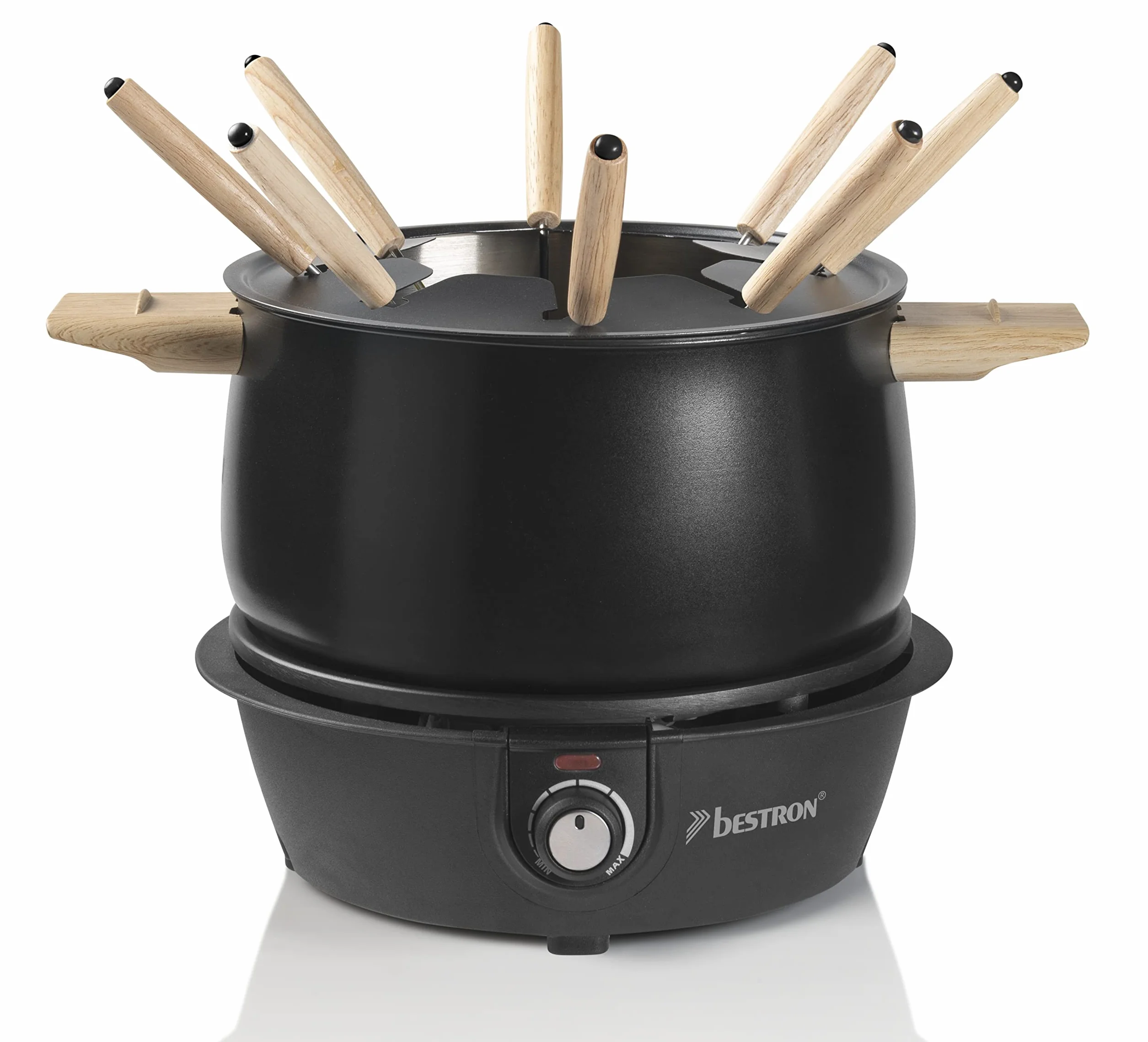 Bestron Elektryczny zestaw do fondue 8 osób, 8 widelców, bezstopniowy termostat, czarny/drewno