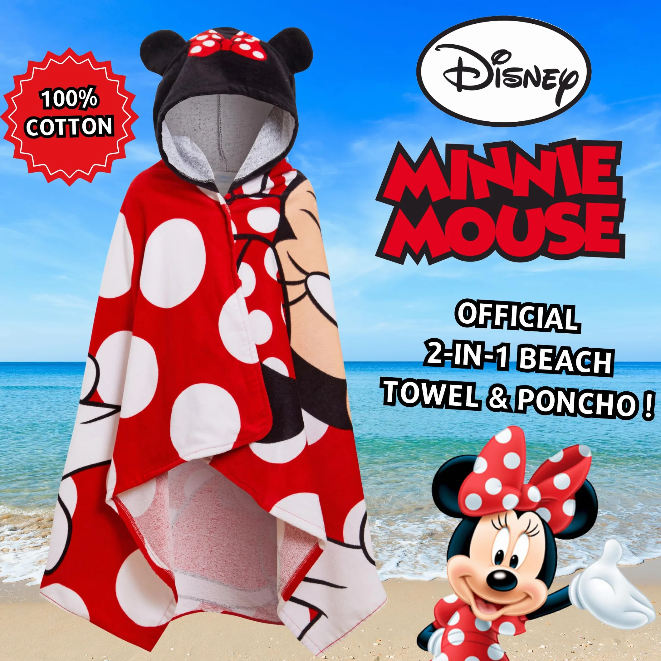 Disney Myszka Minnie ręcznik z kapturem 100% bawełna ponczo plażowy kąpielowy dla dzieci