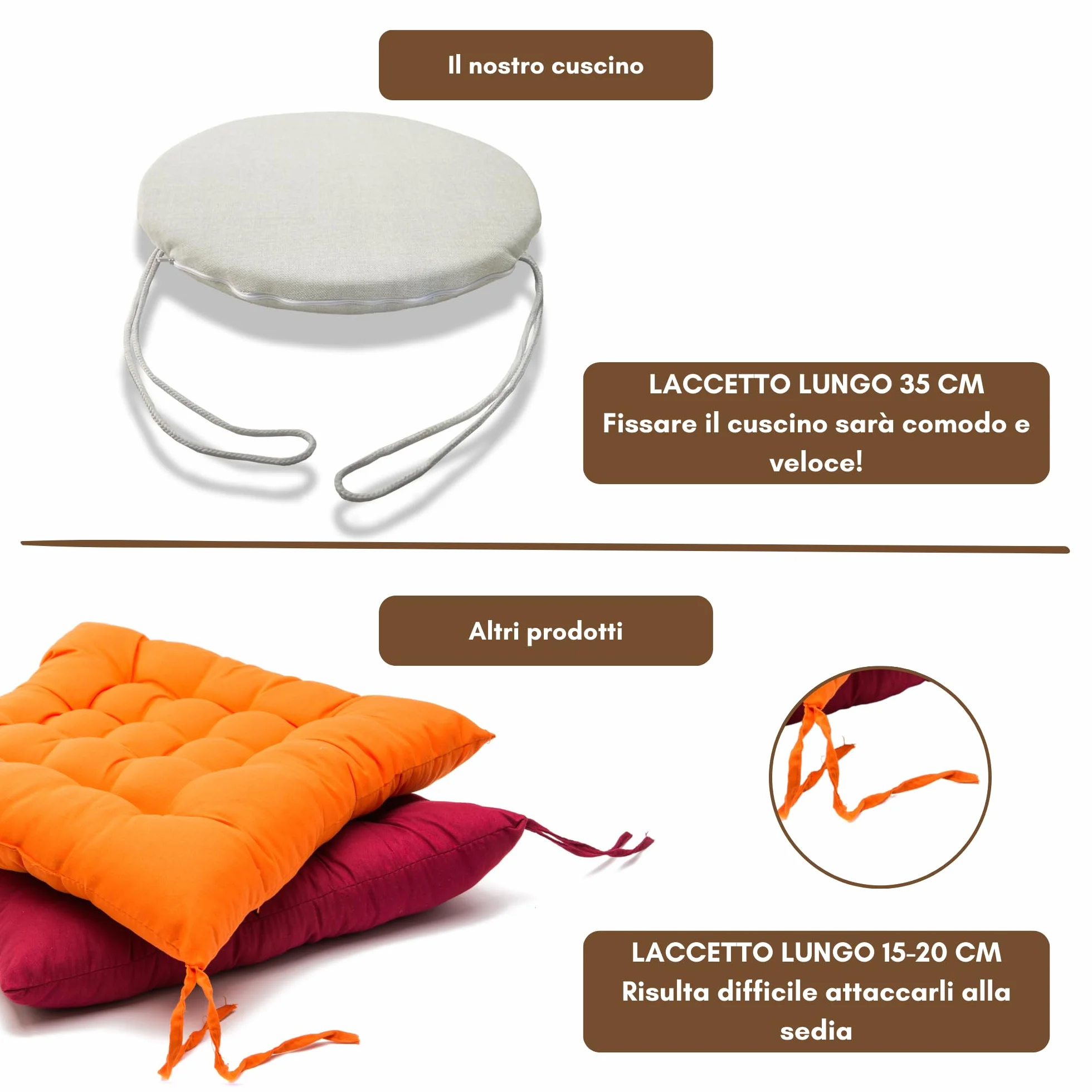6 okrągłych poduszek na krzesła kuchenne, zdejmowane, poduszki na krzesła do salonu - Poduszki na krzesła z tasiemkami wyprodukowane we Włoszech - grubość 3 cm - dekoracja domu (naturalna, średnica 40