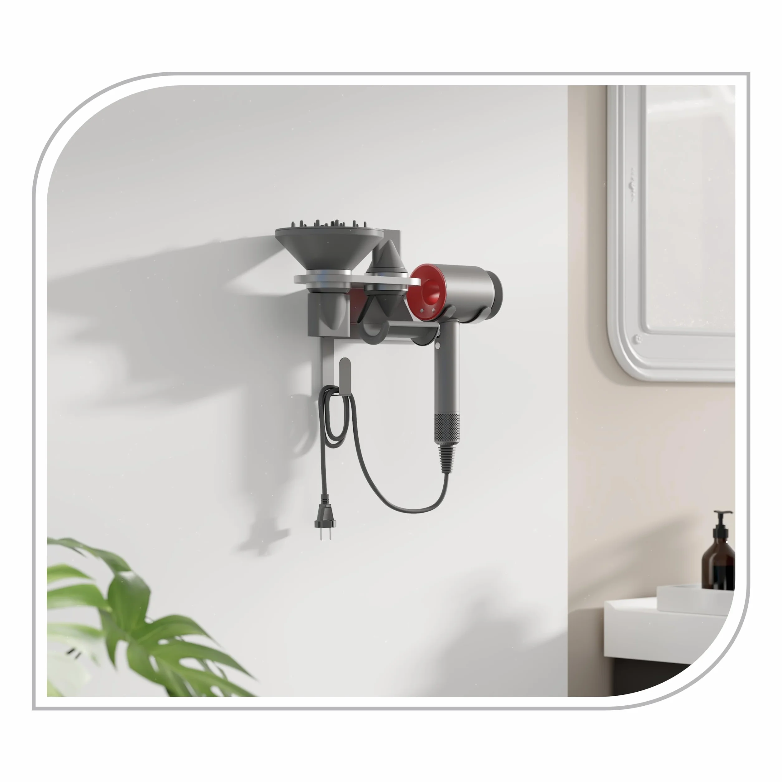 PureMounts® Uchwyt ścienny na suszarkę do włosów Dyson® Supersonic, mocowanie magnetyczne, zarządzanie kablami, nośność do 5 kg, podkładka silikonowa, metaliczny szary