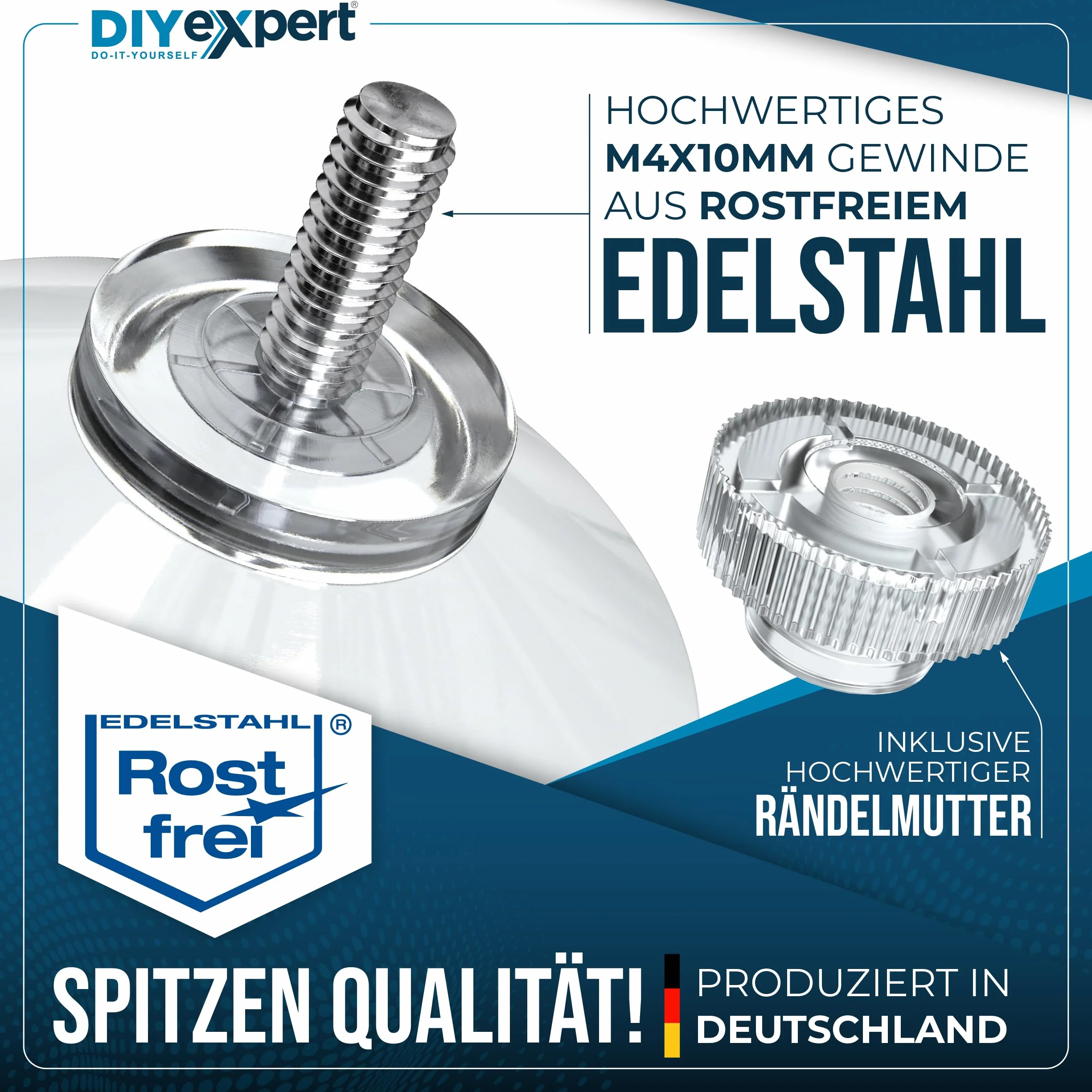 DIYexpert® 4 x przyssawka Ø 50 mm, z gwintem M4 x 10 mm, w zestawie nakrętki radełkowane przezroczyste - wyprodukowano w Niemczech