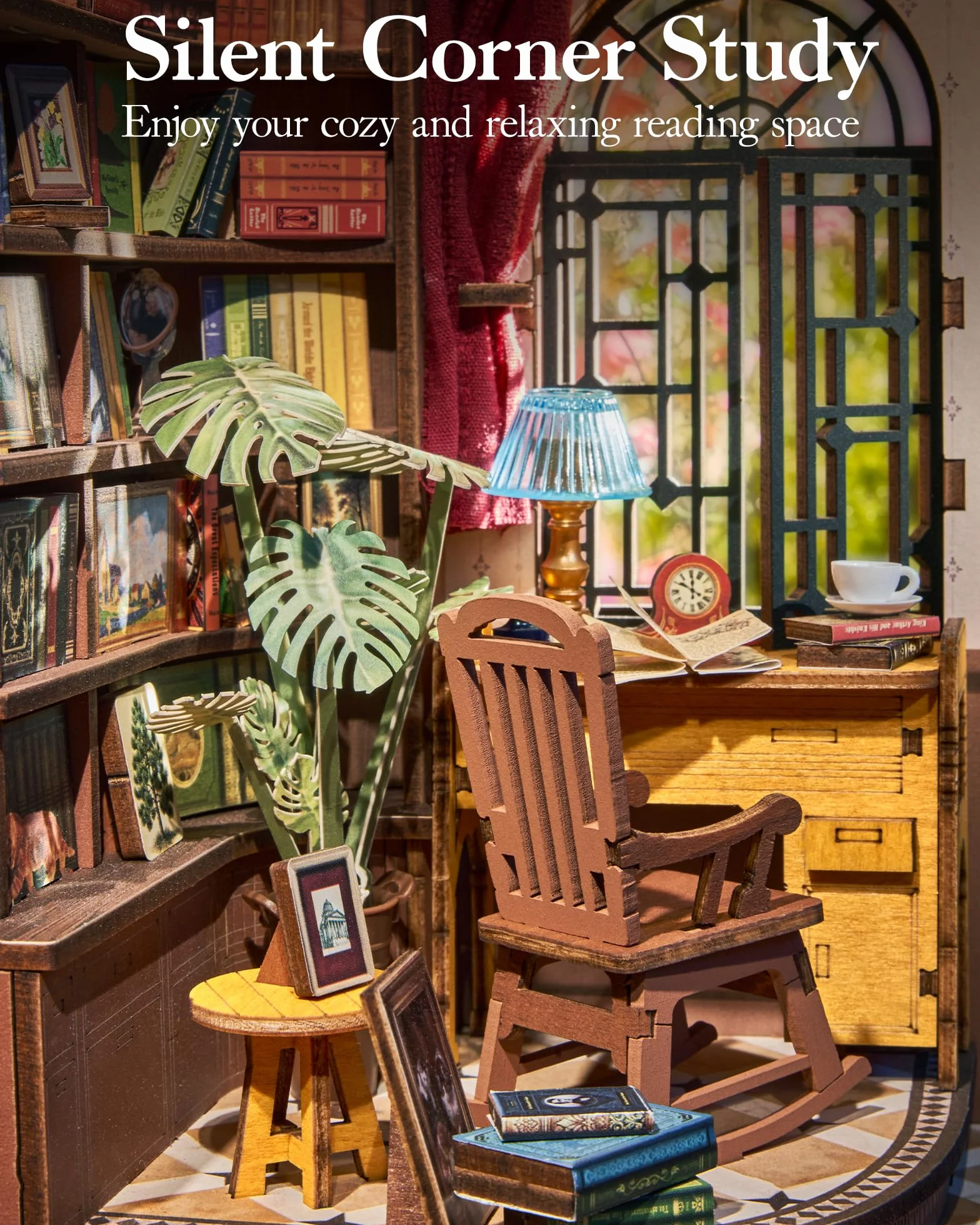 ROBOTIME Book Nook Corner Study DIY 3D Drewniane Puzzle Podpórka do Książek Dekoracja Półki