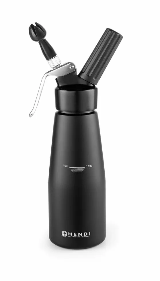 HENDI Syfon do bitej śmietany, w tym zestaw 3 dysz polipropylenowych i szczoteczka do czyszczenia, do przygotowania bitej śmietany, 0,5L, ø80x(H)260mm, aluminium, czarny
