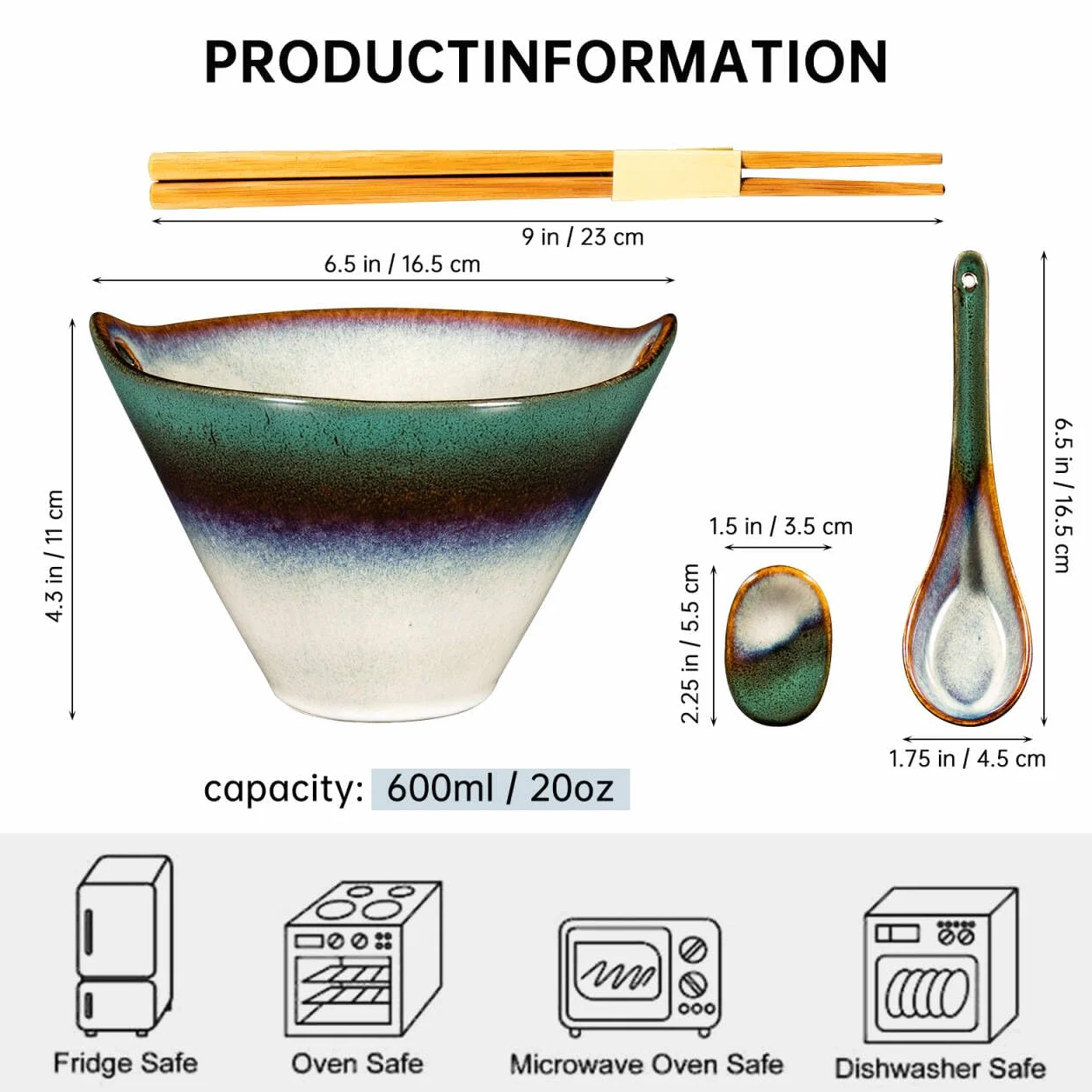 HENXFEN LEAD Porcelanowe miski do Ramen, zestaw 2 sztuki po 600 ml, japońskie ceramiczne miski do zupy z pałeczkami i łyżką do zupy, sałatki, makaronu, płatków zbożowych i makaronu - zielone