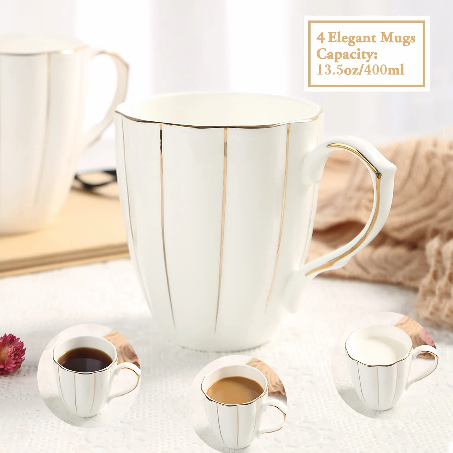 DUJUST Zestaw 4 kubków do kawy (400 ml), luksusowy brytyjski design z ręcznie wykonanymi złotymi wykończeniami, 1st Class Bone-China biały i złoty zestaw filiżanek do kawy, herbaty i mleka, piękne i