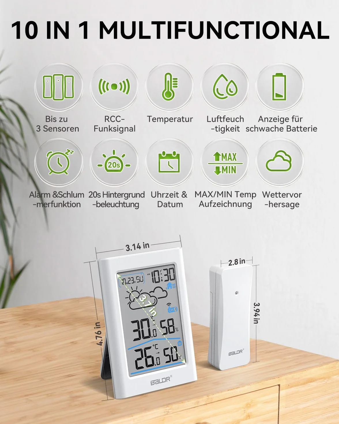 BALDR Radiowa stacja pogodowa z czujnikiem zewnętrznym, cyfrowy zegar radiowy DCF, termometr do użytku wewnątrz i na zewnątrz, wskaźnik temperatury, miernik wilgotności powietrza, radiowy, termometr