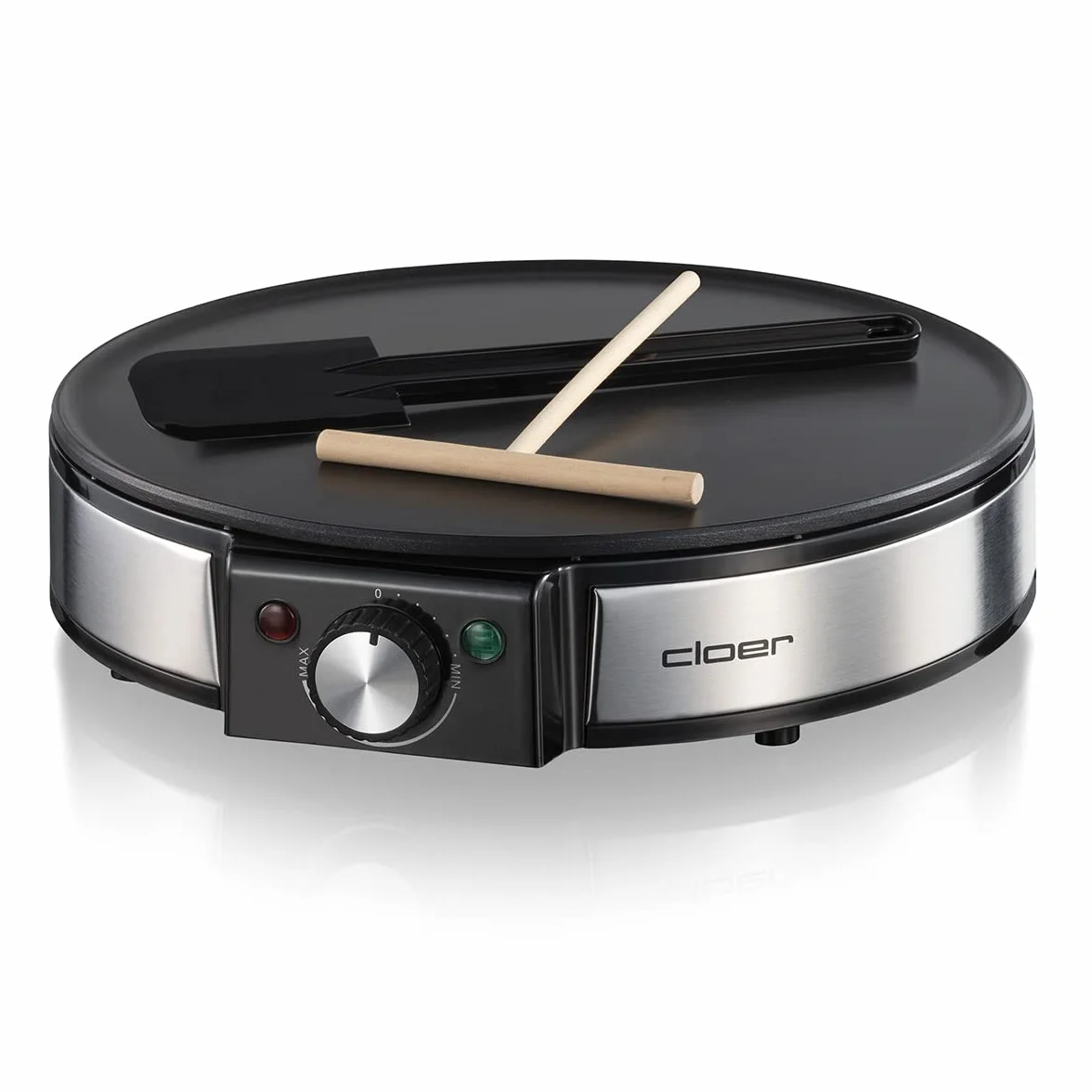 Cloer 6630 Naleśnikarka na słodkie lub słone naleśniki o średnicy 30 cm Ø, 1200 W, Powłoka nieprzywierająca, w zestawie Crêpes Turner i Rozrzutnik ciasta, czarny