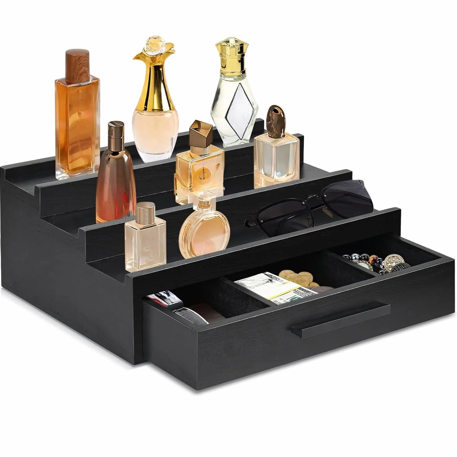Drewniany organizer na perfumy 3-poziomowy czarny