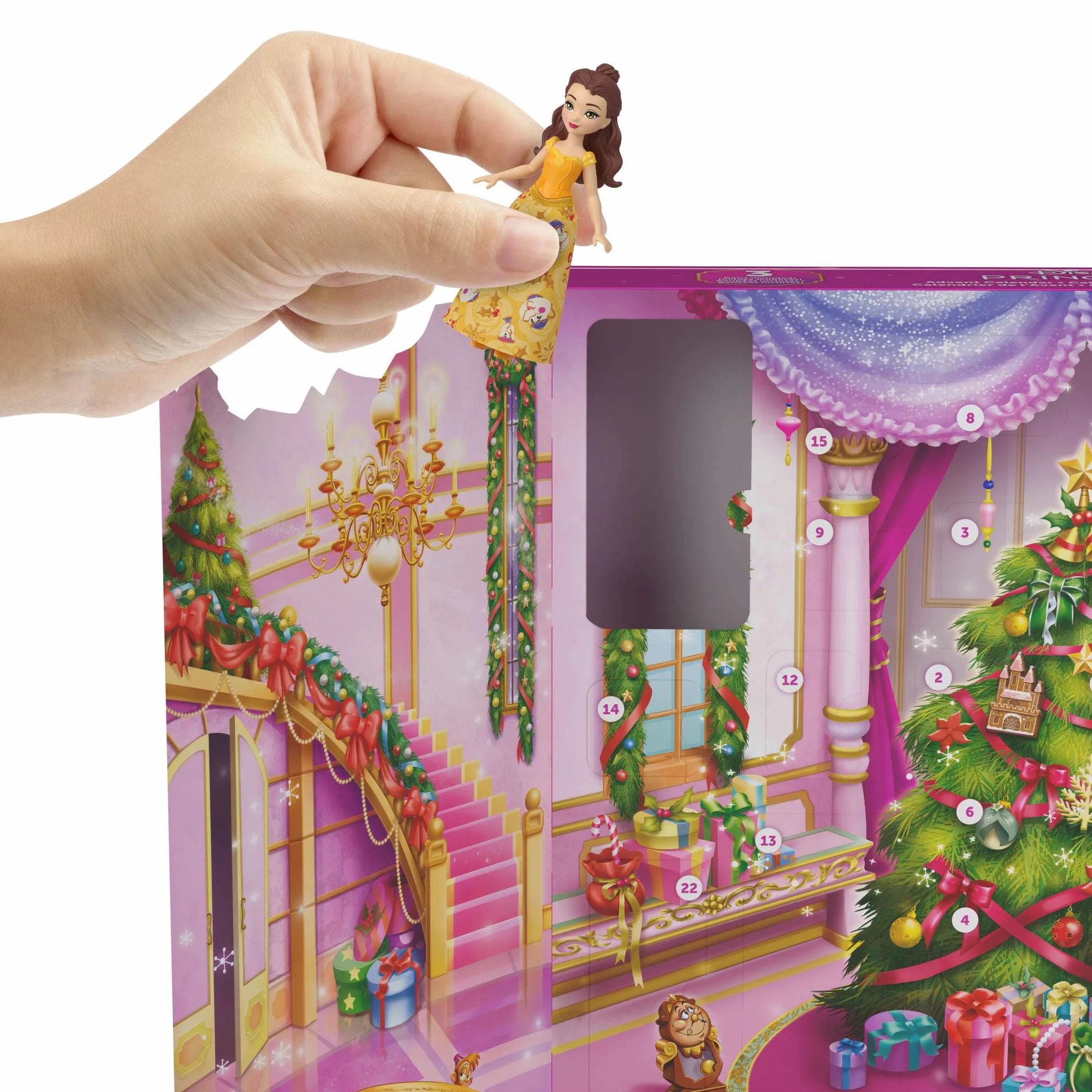 Mattel Disney Princess Kalendarz adwentowy 24 niespodzianek 3 lalki 3 figurki 22 akcesoria zestaw zabawek JFG79