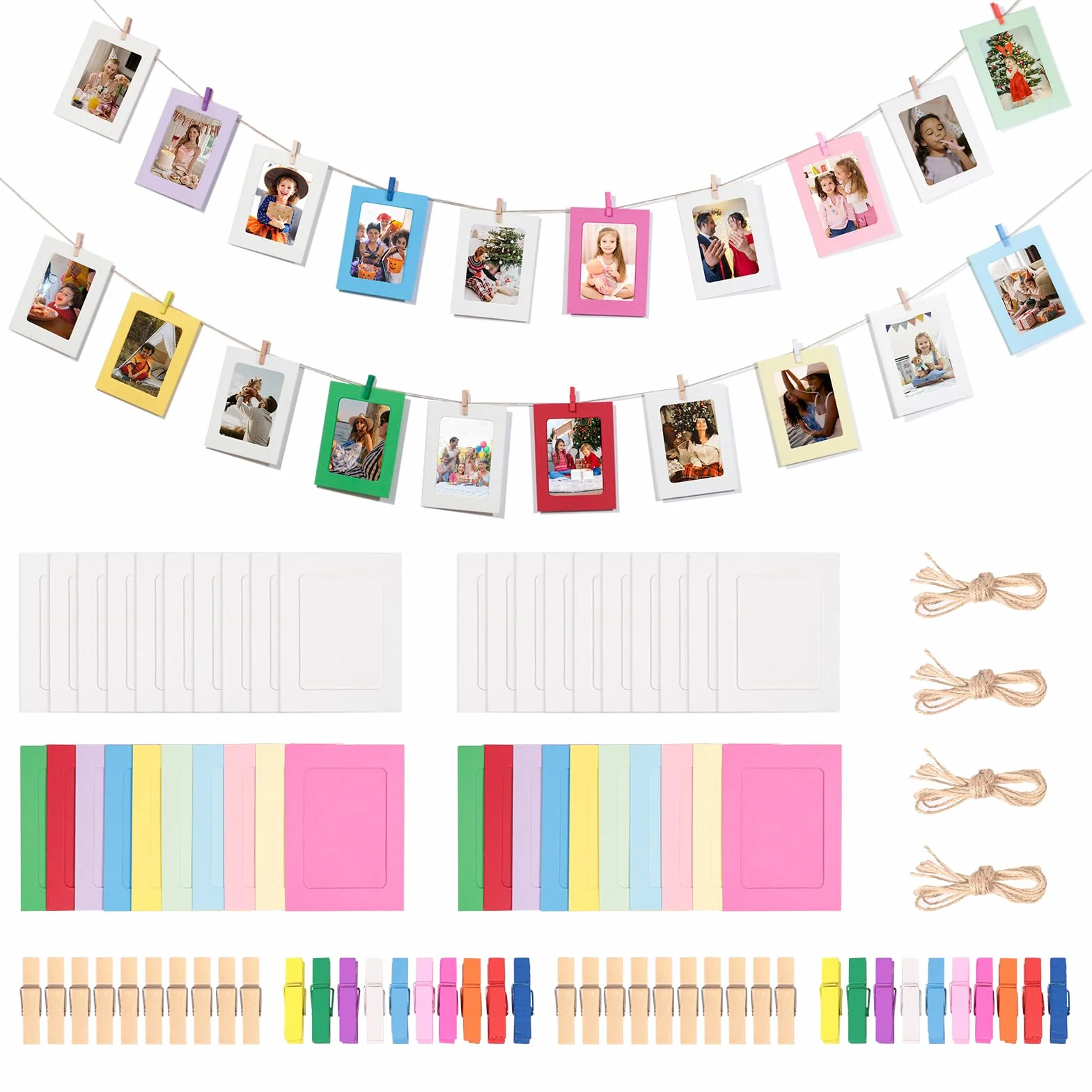 40 szt. papierowych ramek na zdjęcia, 10 x 15 cm, kartonowe ramki na zdjęcia, DIY, wiszące ramki na zdjęcia z 40 drewnianymi klipsami i 4 linami konopnymi, do domu, biura, szkoły, dekoracja