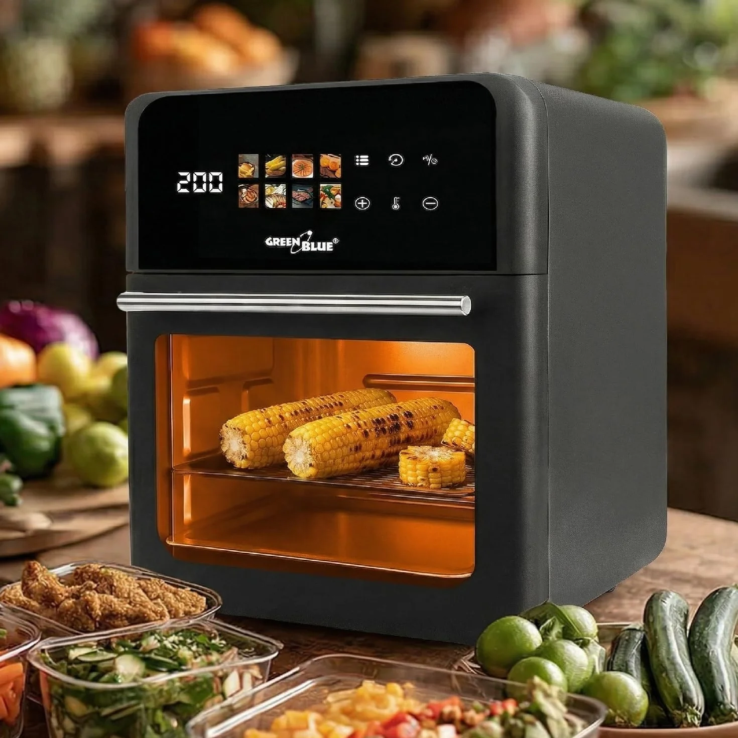GreenBlue GB950 Frytkownica bezolejowa, pojemność 10 l, moc 1800 W, okienko podglądu, 8 programów, zakres temperatur 70–200 °C, 60-minutowy timer, panel dotykowy LED, akcesoria: kosz, miski, czarna