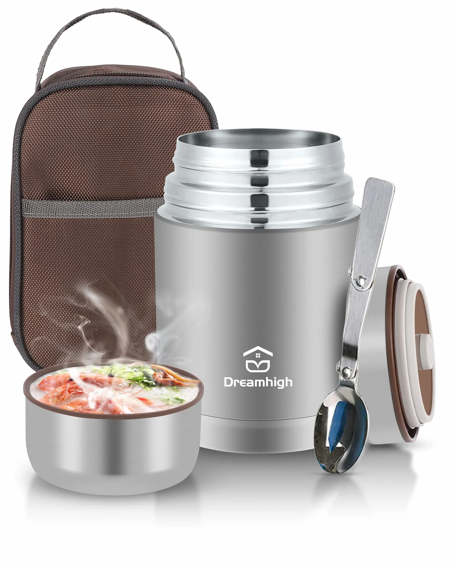 DreamHigh® Pojemnik termiczny do jedzenia 800 ml, stal nierdzewna, pojemnik utrzymujący ciepło, pojemnik na jedzenie, termos szczelny, w zestawie łyżka, gorący przez 12 godzin, zimno przez 12 godzin
