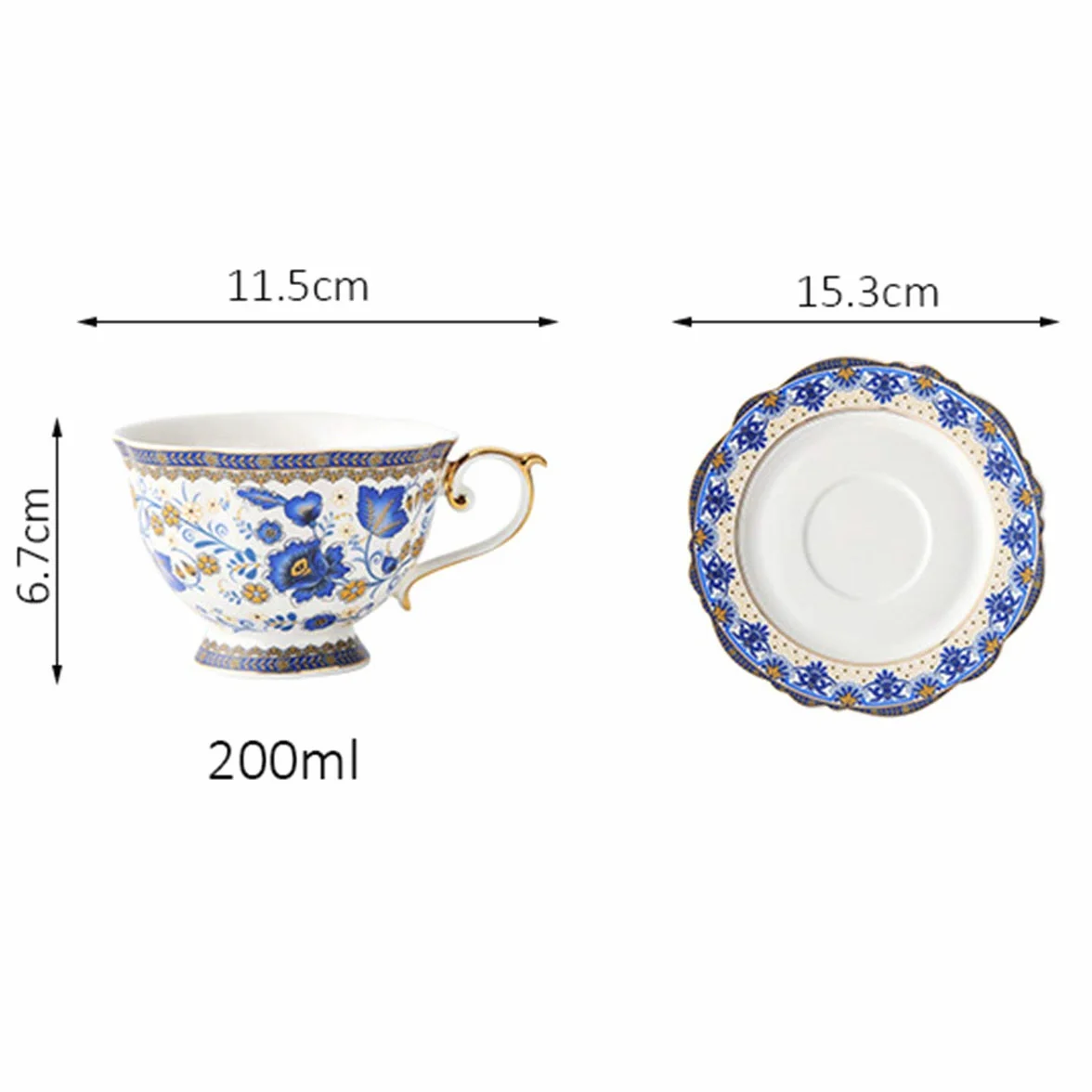 fanquare Filiżanka i spodek z chińskiej porcelany z motywem niebieskich kwiatów, vintage, porcelanowa filiżanka do kawy, 200 ml