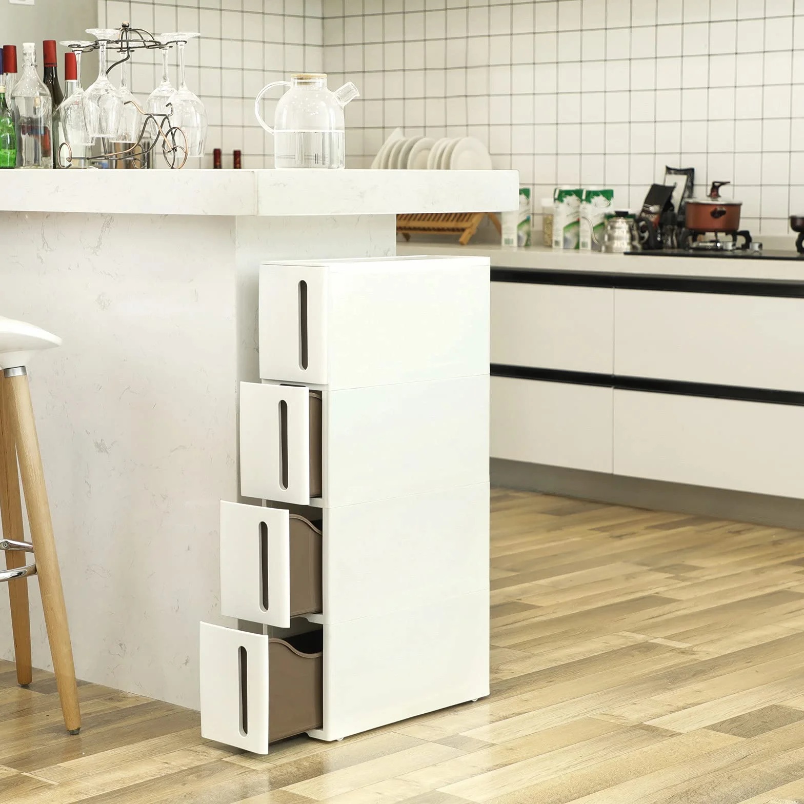 SONGMICS Regał niszowy z kółkami 4 szuflady 45,5x17x84cm Biało-brązowy KFR08WT