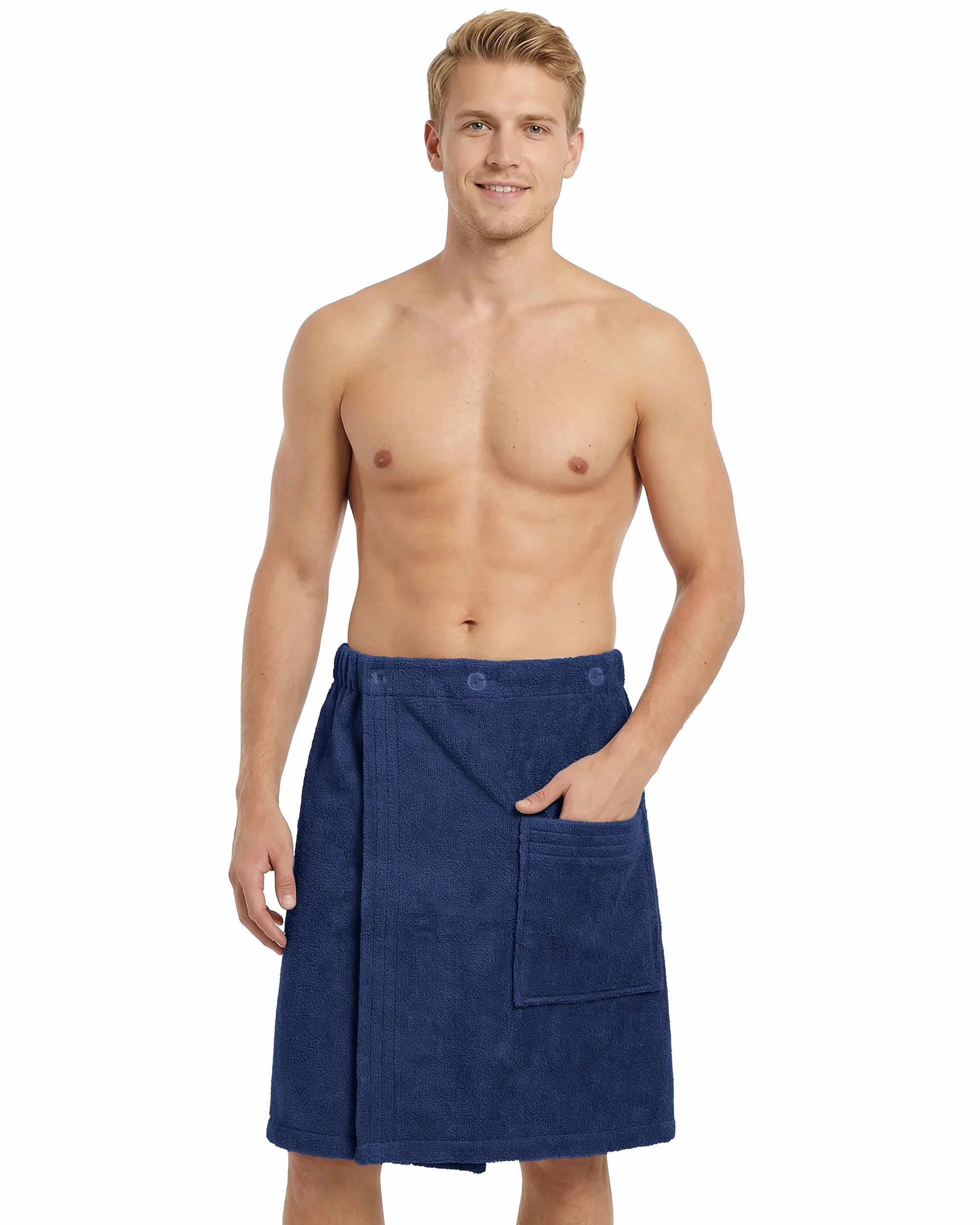 LAYNENBURG Męski kilt do sauny premium z zapięciem na guziki – 100% bawełna – Öko-Tex 100 – męski ręcznik do sauny – frotte, gumowy ściągacz do wellness, spa i sauny (M-XL ciemnoniebieski)