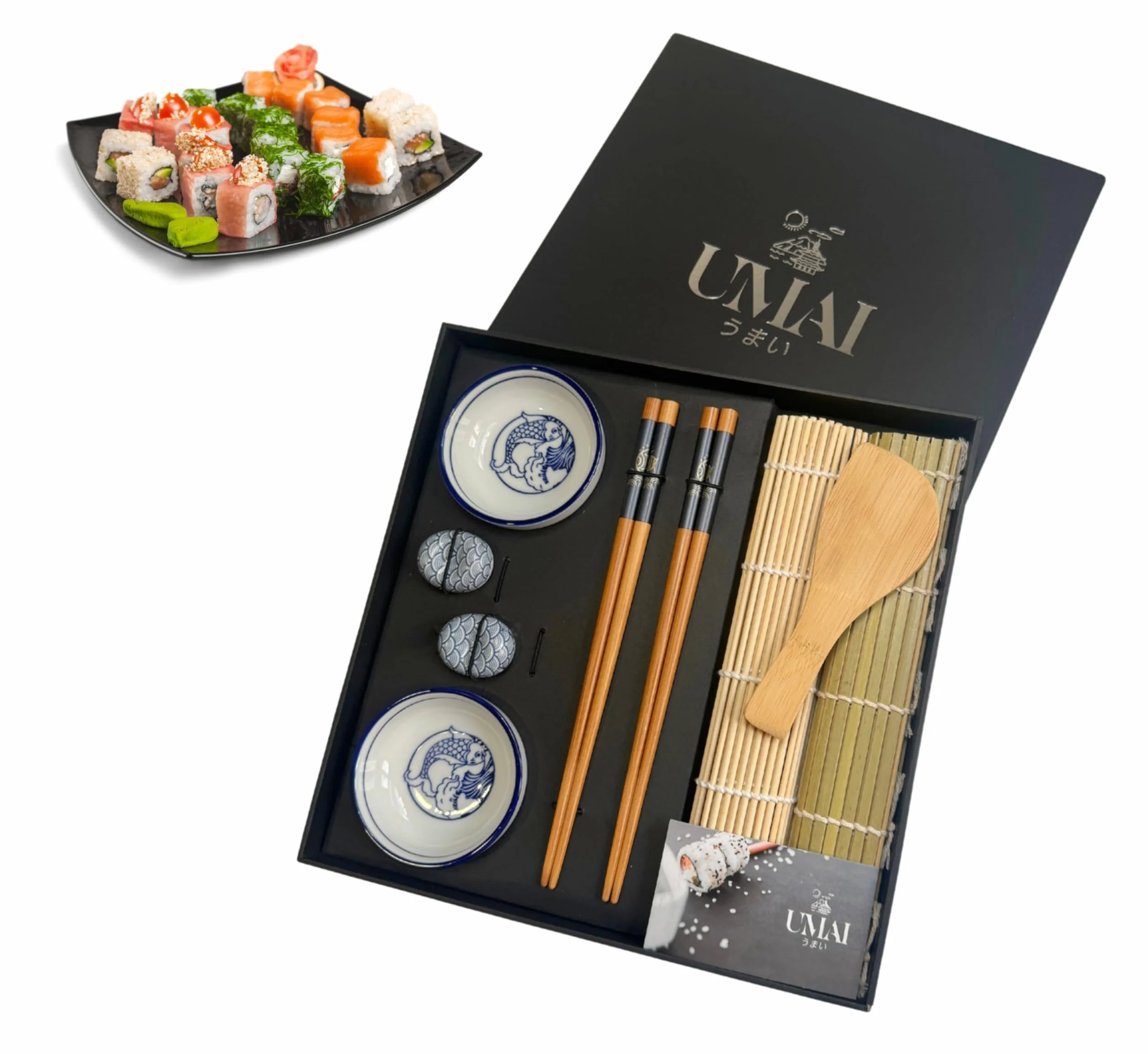 UMAI Sushi Kit Zestaw do Sushi 2 Maty Pałeczki Miski Sojowe Uchwyty z Przepisem