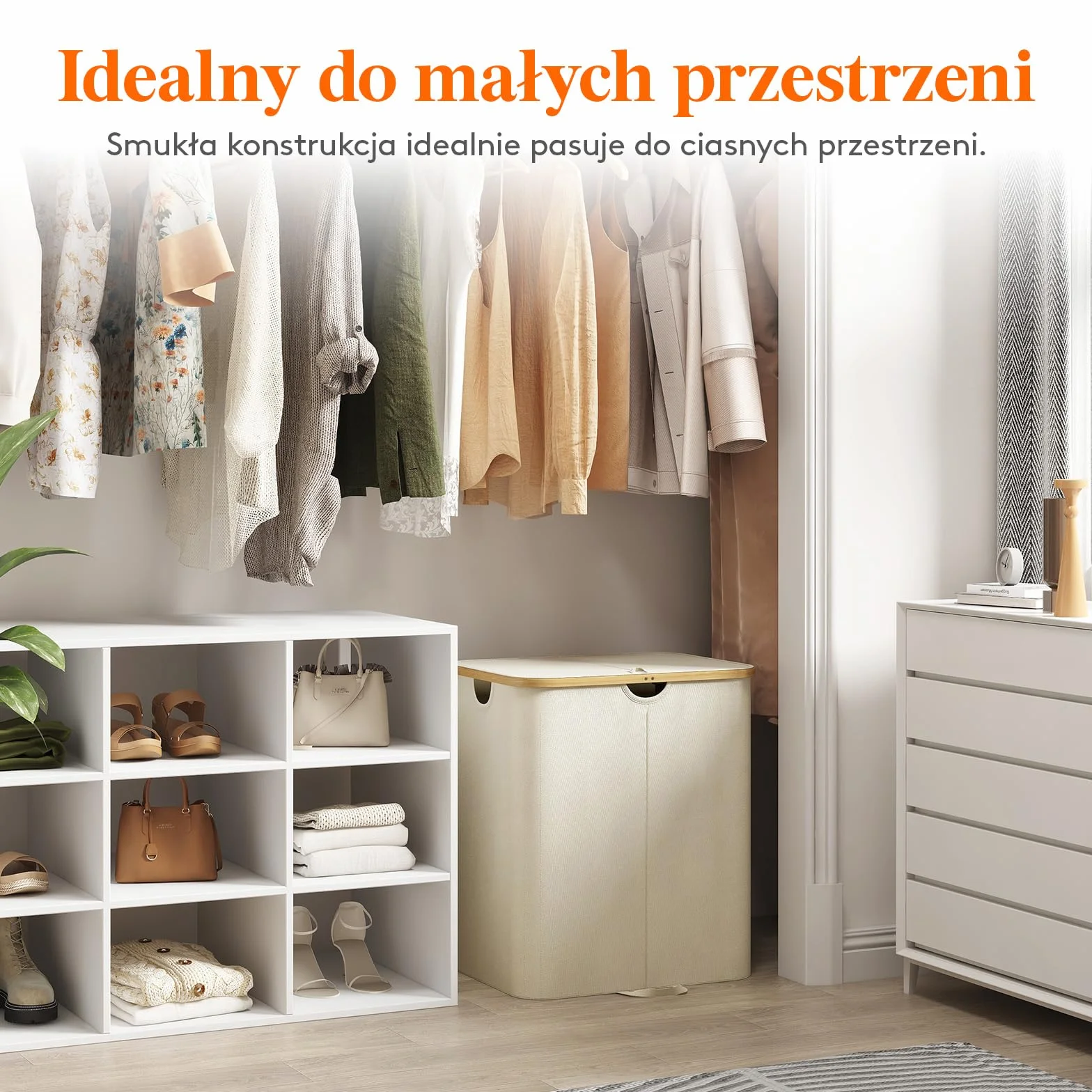 Lifewit 120L Kosz na Pranie z Pokrywą i Bambusowymi Uchwytami - Duży Składany z Wyjmowaną Torbą do Sypialni, Łazienki, Akademika, Pralni - Beżowy
