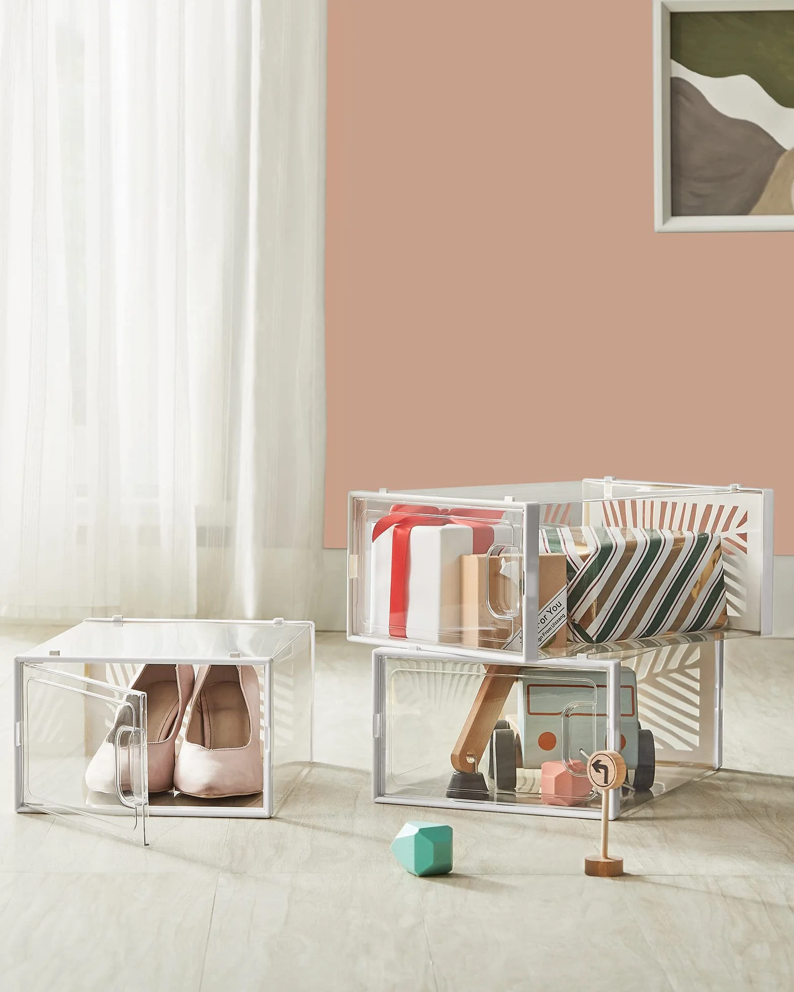 SONGMICS Organizer na Buty, Zestaw 12 Pudełek, Składany Transparentny Biały, LSP106W12
