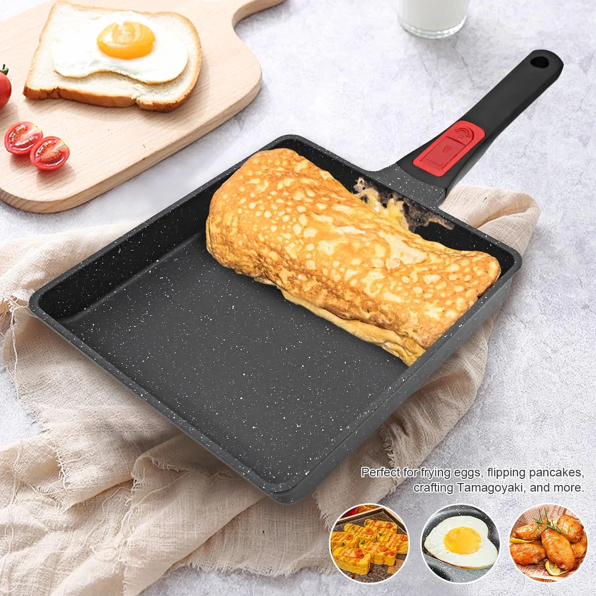 AIKENBBKK Japońska patelnia do omletów, nieprzywierająca, duża patelnia Tamagoyaki do jajecznicy z odłączanym uchwytem, nadaje się do piekarnika, 23 x 21 cm (czarna)