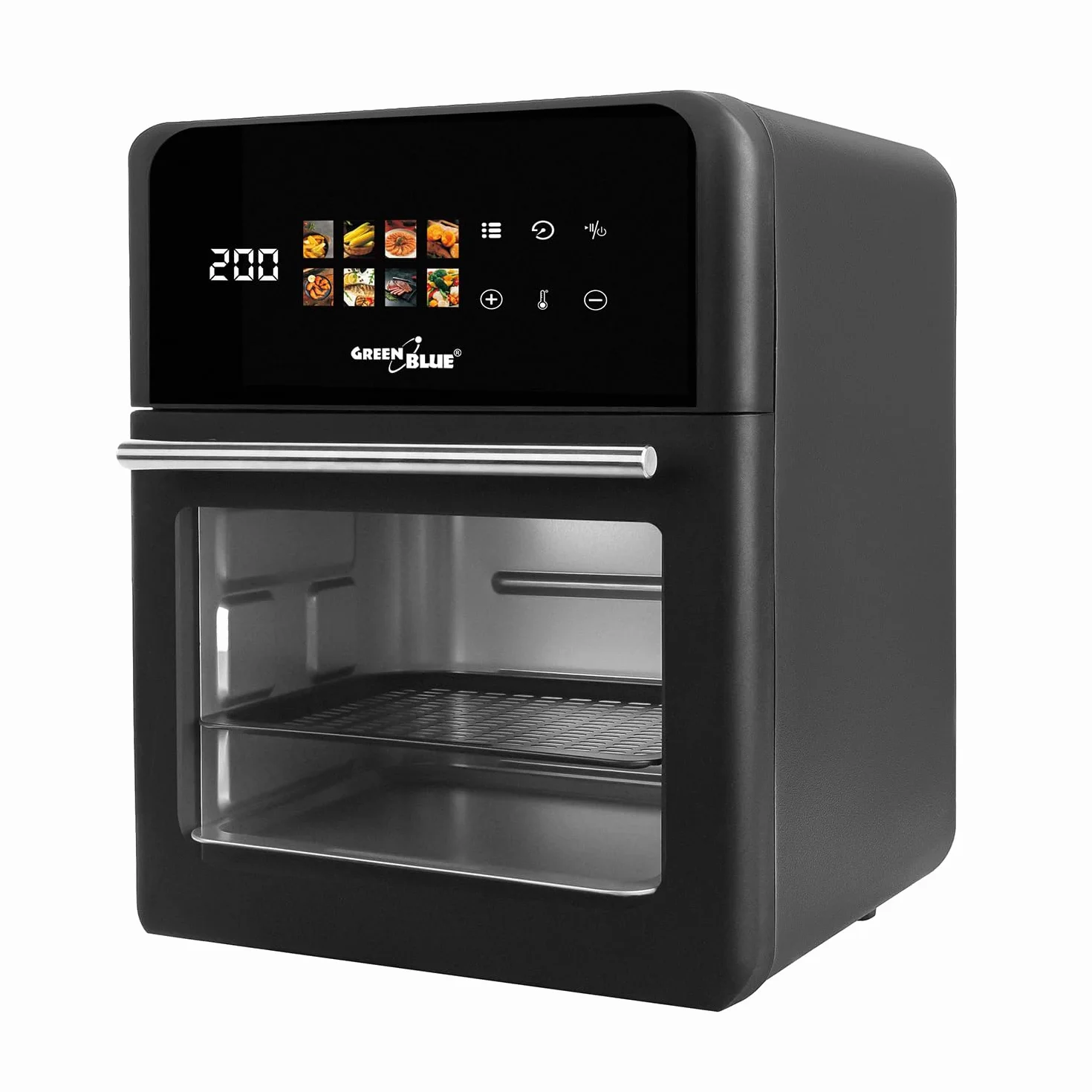 GreenBlue GB950 Frytkownica bezolejowa, pojemność 10 l, moc 1800 W, okienko podglądu, 8 programów, zakres temperatur 70–200 °C, 60-minutowy timer, panel dotykowy LED, akcesoria: kosz, miski, czarna