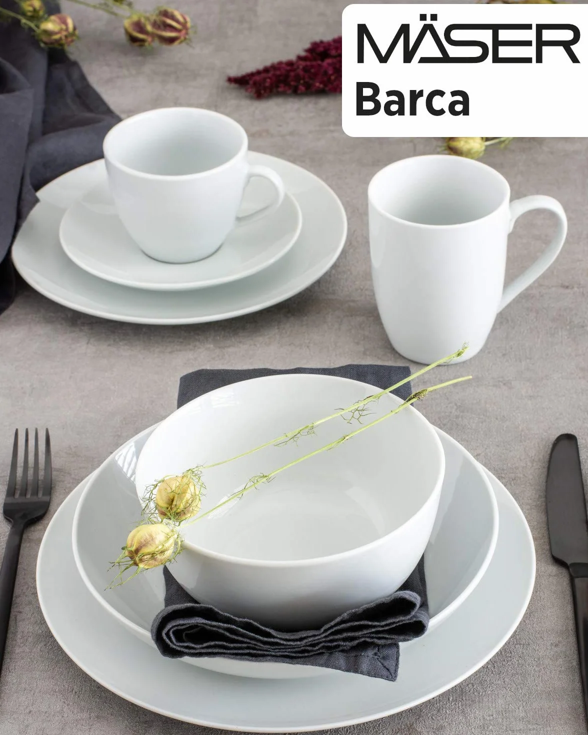 Mäser Barca zestaw talerzy dla 6 osób, 12-częściowy serwis stołowy, porcelana, biały