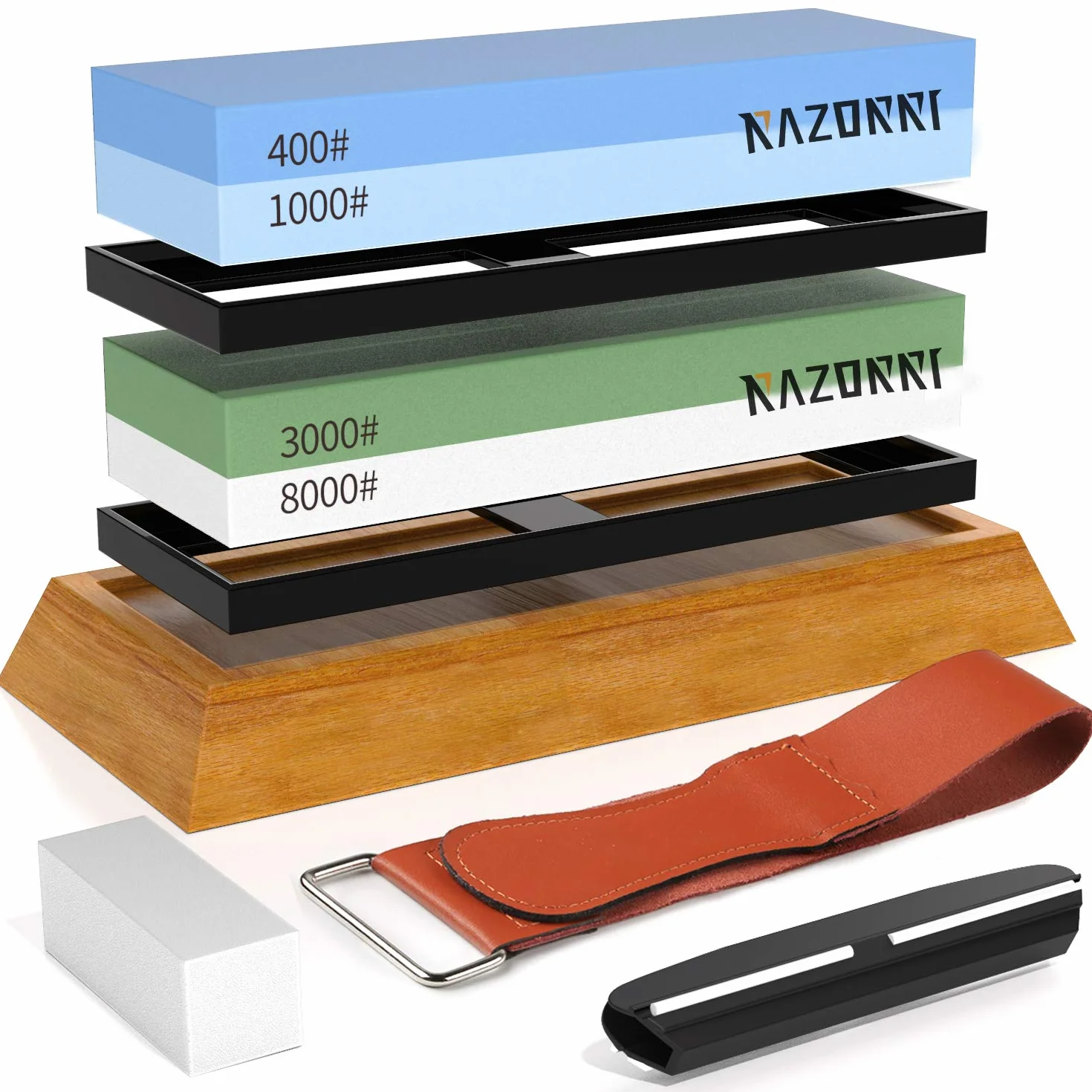 Razorri Knife Sharpening Stone Kit, Double-Sided 400/1000 3000/8000 Grit Whetstones with Flattening Stone, Leather Strop, Angle Guide