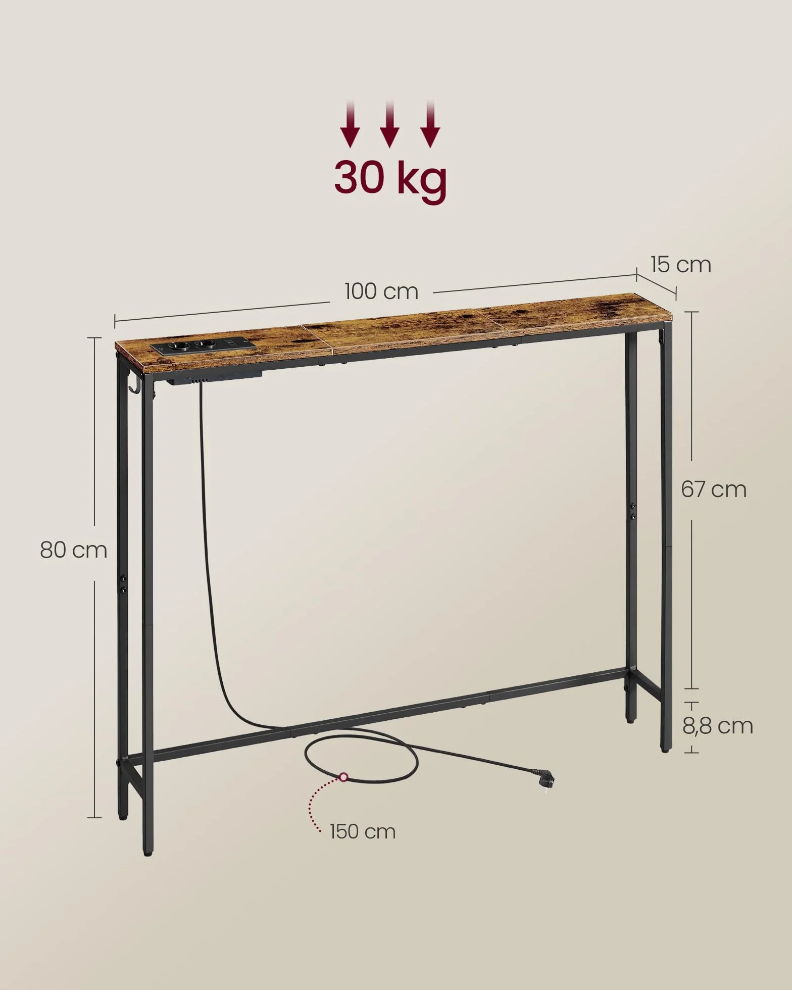 VASAGLE Konsola ze stacją ładującą wąski stolik kawowy 15 x 100 x 80 cm z haczykami brązowo-atramentowy czarny LNT079K02