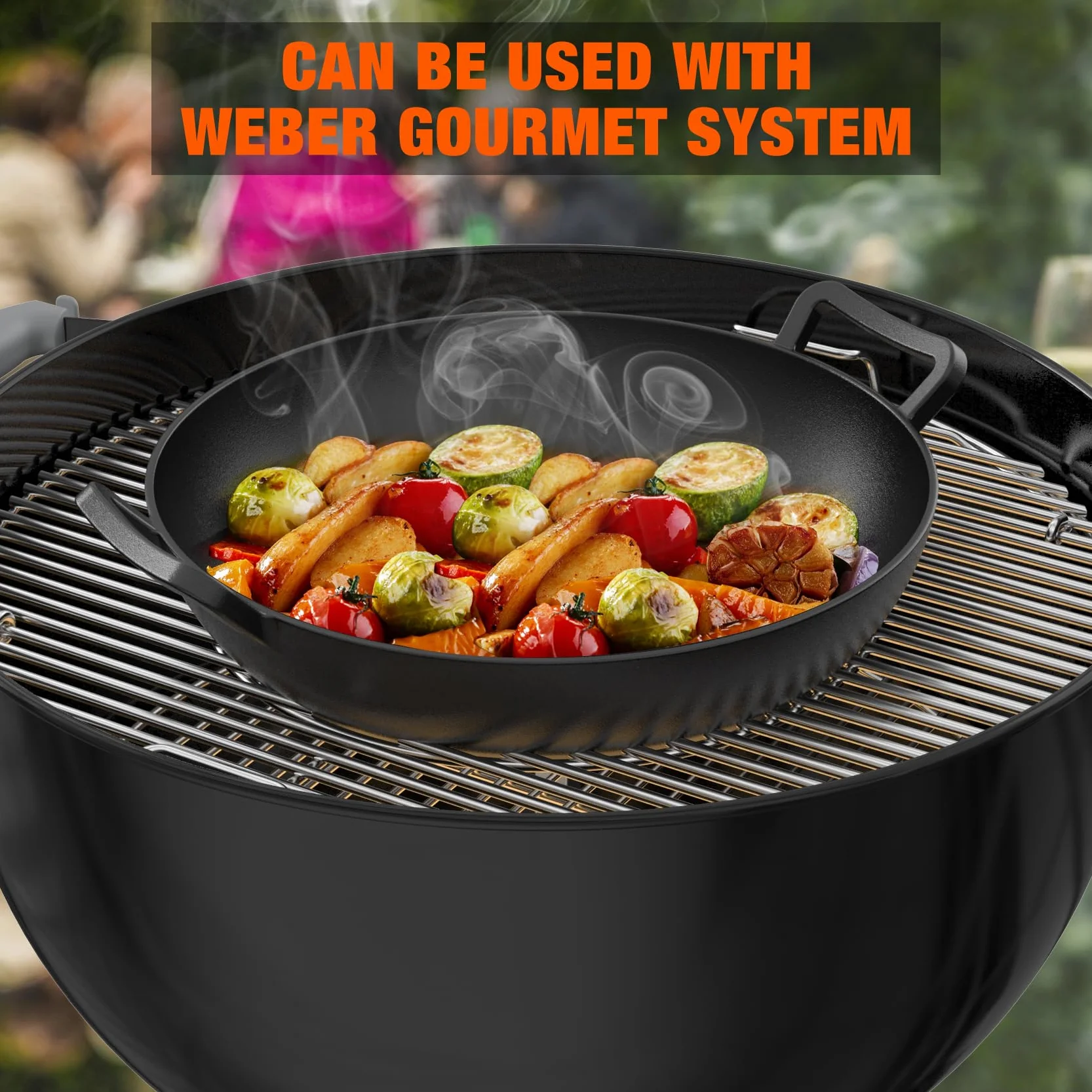 onlyfire Wok żeliwny, Ø36 cm Patelnia wok z uchwytem, patelnia żeliwna do systemu Weber Gourmet BBQ, pasująca do systemów Weber Spirit II i Genesis II GS4, patelnia do grillowania BBQ