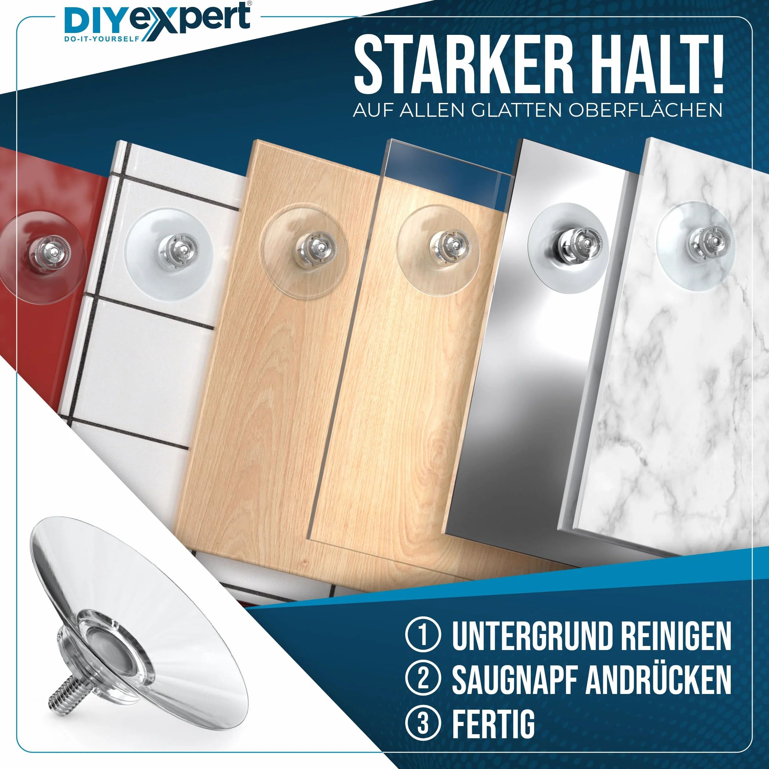 DIYexpert® 4 x przyssawka Ø 50 mm, z gwintem M4 x 10 mm, w zestawie nakrętki radełkowane przezroczyste - wyprodukowano w Niemczech